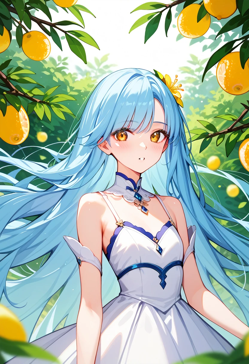 ,((masterpiece, best quality, extremely detailed, absurdres)),, masterpiece, best quality, extremely detailed, ((((((light blue long hair)))))), long hair cute anime faces,detailed light,parted lips,shiny、beautiful detailed face,,longhair、, 1girl, solo, flat chest, blush, bangs, lemon tree,1girl,tree branch on head,branch,fractral,eat、Perfect beautiful girl,masterpiece, best quality, White ta Dress,  solo, flower, 1girl, looking at viewer, 