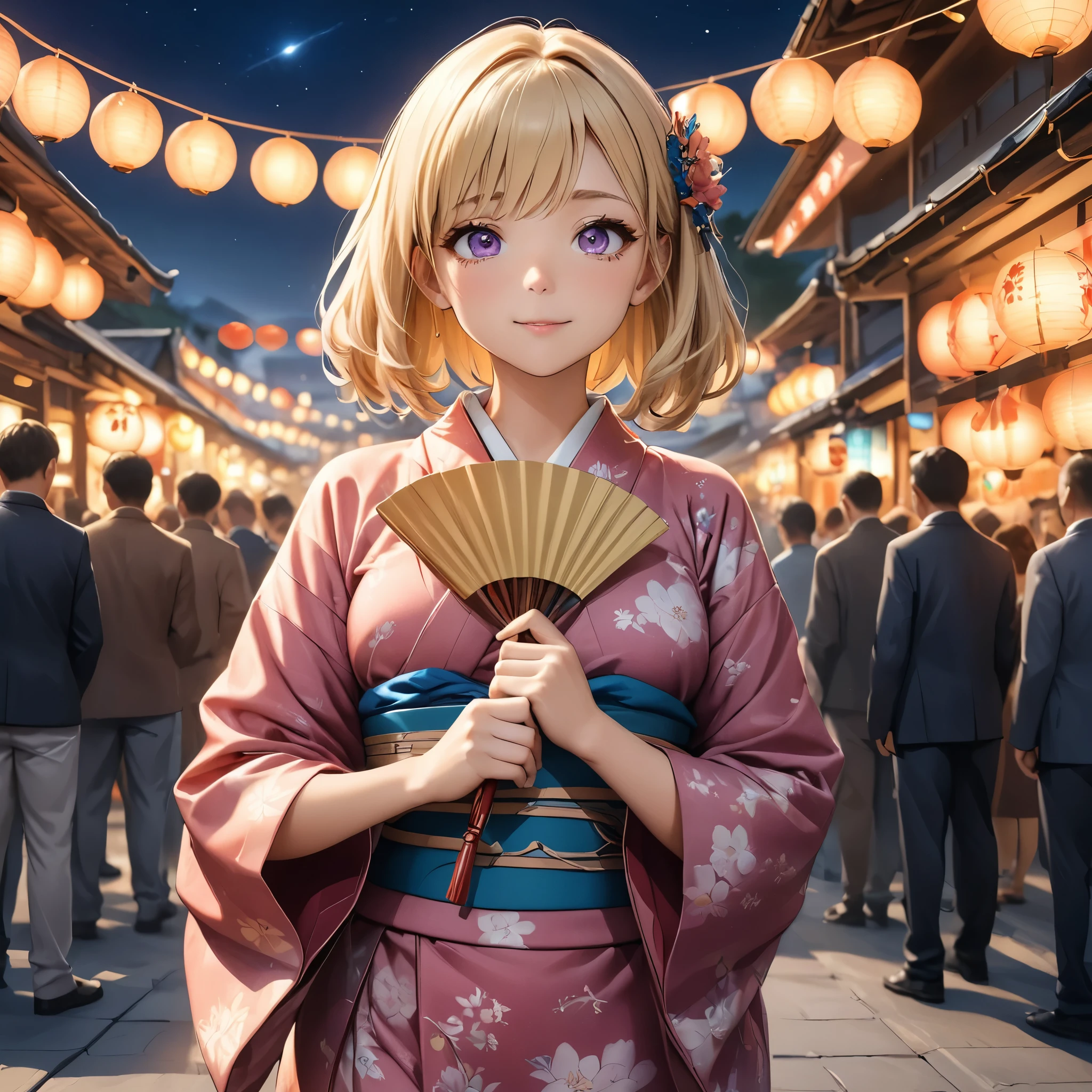 masterpiece, 4k, HDR, full HD, (best quality), (ultra detailed), (only), (extremely delicate and beautiful fabric), super intricate ANIME TYPE, best quality, 1girl, very expressive eyes, hyper beautiful face, hair purple, Perfect , shiny and oily skin, full body, alone, Create a vivid image of a young girl dressed in a traditional Japanese costume, such as a kimono, at a traditional Japanese festival. The scene should capture her joy as she holds a decorative fan, surrounded by colorful lights and festive decorations. In the background, see fireworks lighting up the night sky, creating a magical and festive atmosphere. Be sure to include details such as the pattern of the kimono, the happy expression on her face, and the crowd of people enjoying the festival. The contrast between the delicacy of the costume and the explosion of colors from the fireworks must be notable. she's looking up at you,
