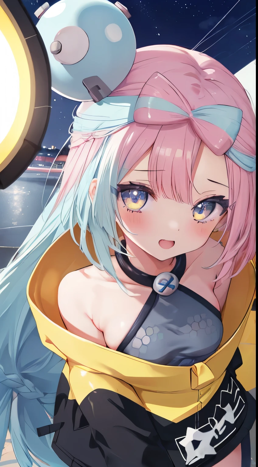 nsfw, 動画delivery, Selfie, delivery, Selphy, Upward nipples, , Firm breasts, (Flat Chest), Beautiful ruby eyes, to close range, Masterpiece, Long Hair, Beautiful painting touches, Detailed Description, ((((Wink)))), ((迫力のあるNanjamo)), Detailed face and eye depictions, smile, nsfw, Beautiful Eyes, Perfect Anatomy, Detailed background depiction, 1girl, Jonah, pokemon_Jonah, Nanjamo, Round hair ornament, Sideboob, Yellow jacket, Baggy jacket, Long Hair, Small breasts, , Concert Venuesの背景, night, ((Top view)), Concert Venues, Spotlight, Yellow electric guitar, Playing electric guitar, Thunder, Electric shock, There is a large audience, Open your mouth, Sing a song, Vibrant hair