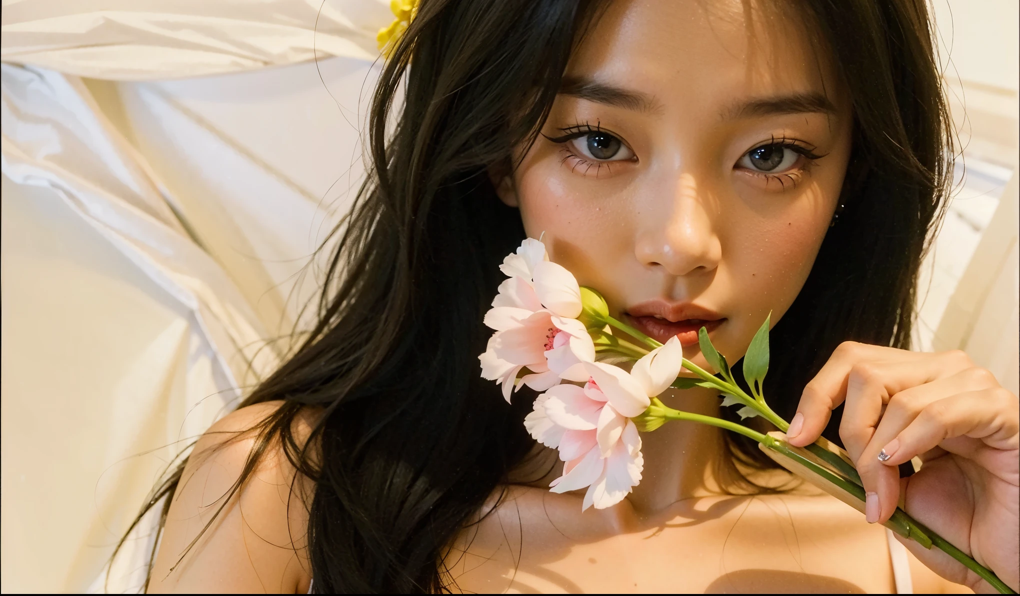 Hay una mujer con un sujetador sosteniendo una flor, Blackpink Jennie, con flores, Capturado con Canon EOS R 6, Heonhwa Choe, Jaeyeon Nam, Flores en las mejillas del heredero, Hermosa joven coreana, sosteniendo una flor, Cara delicada y encantadora, Jinyoung Shin, Taejune Kim, Gongbi, Hermosa joven coreana, con flores congeladas a su alrededor, kim jennie, jennie blackpink