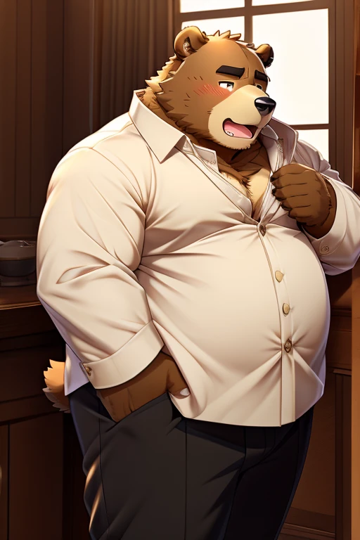 ((solo)), male, anthro (brown bear), ((white shirt, black slacks, open shirt, exposed torso, massive erection in pants, belt)), ((standing, modern bedroom, detailed background)), ((musclegut:1.4)), big belly, by personalami, by ruardri, by thebigslick, by kenket, big nipples, (epic, masterpiece, high quality, correct anatomy:1.2), (posing), (belly), (smile), ((mature male))