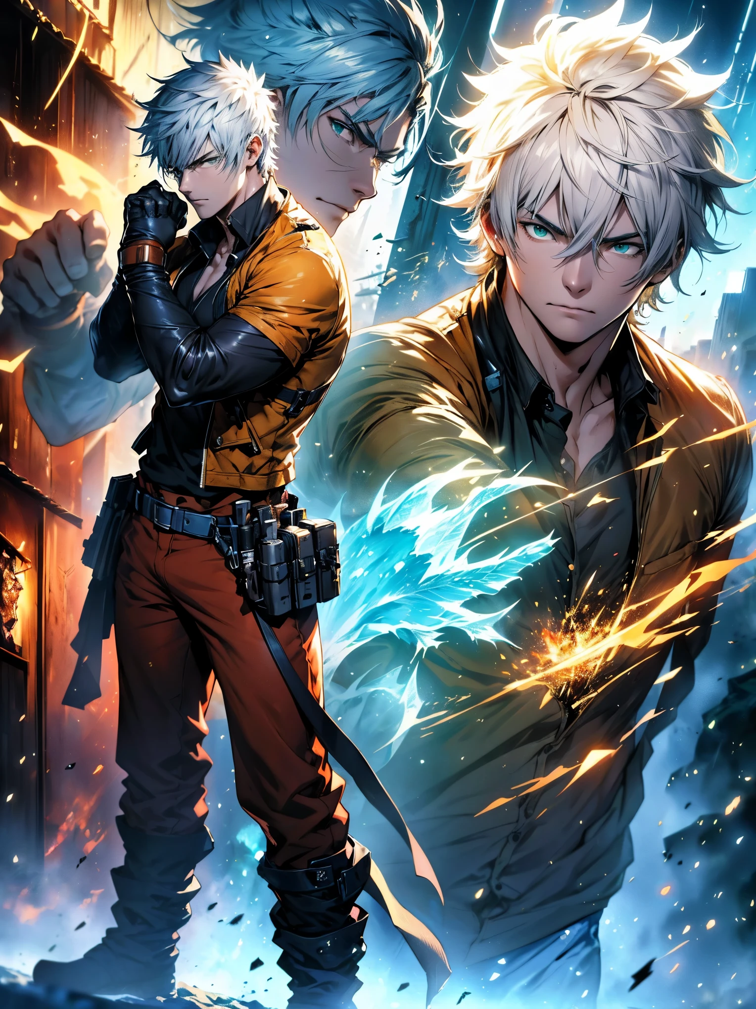 homem feiticeiro de 22 anos estilo anime 8k Rendering adulto, striking trait, cinematic, emanating ice energy, White and spiky hair, yellow, Wearing a white button down shirt, wearing green pants, Wearing a brown belt, wearing brown boots, wearing half finger tactical gloves, wearing brown shoulder holster with a knife, Fighting stance, action scene, Create a forest background; ((improve the face)); ((high quality)); ((improve hands)); ((full body)); ((action scene)); ((fighting pose)); ((epic scene)); ((improve face)); ((improve hands)); ((full body)); ((gray hair)); ((Kento Nanami style)); ((dinner poster)); ((wearing tactical gloves)); ((full HD)); action scene, fight, scene poster, Fighting stance, ice energy being emanated, ((improve arms)), ((8k Rendering)), blue energy particles, snowflakes stretched around the body;