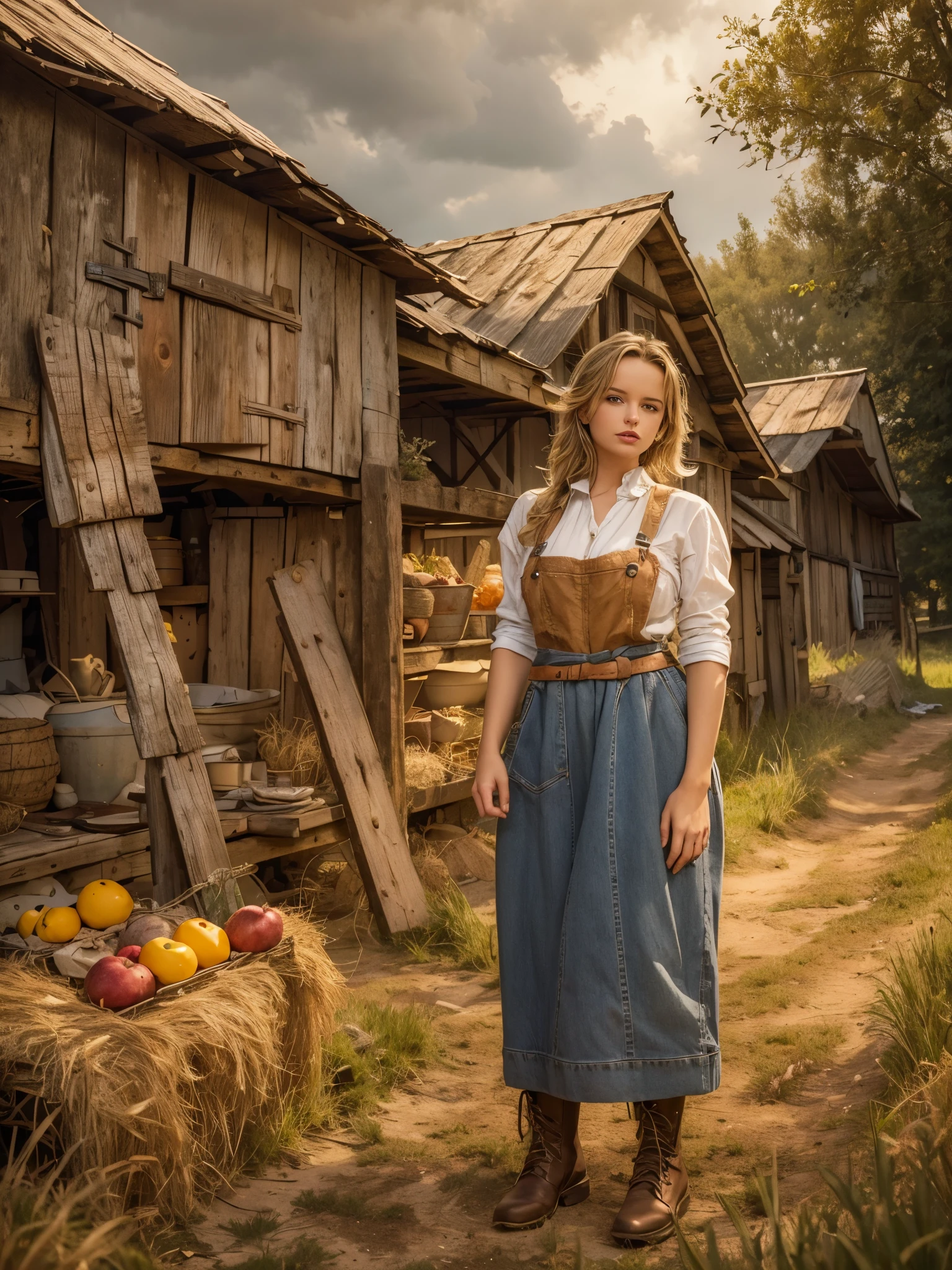 Russian style, children girl, portrait, long red hair of braids with hat, farmer style, with rolls of hay and wheat and horse, barns.