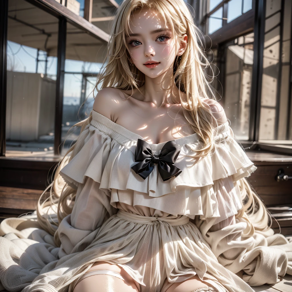RAW photo, dynamic angle, highly detailed, soft light, 1girl, ((sweaty):1.1), pale skin, korean, 14 years old, innocent, sexy, mad, long hair, bright blue eyes, freckles, head tilted, white short dress, white stocking, wide thighs, improper sitting, crotch visible, on train, 8k, masterpiece