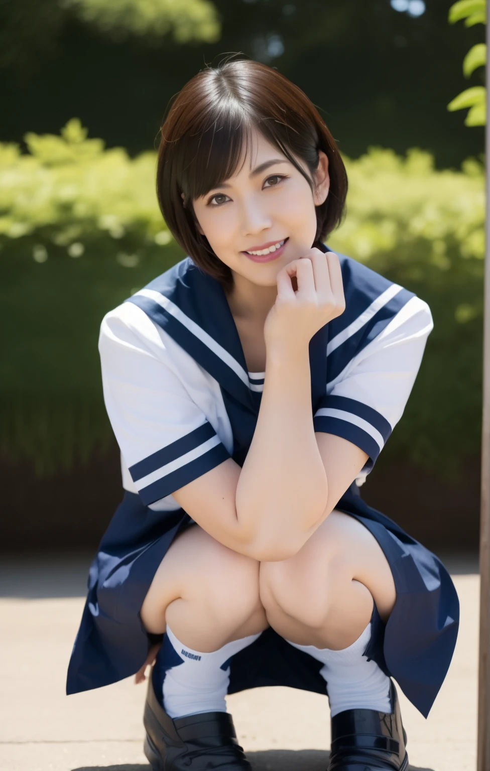 Beautiful detailed face of Japanese MILF, Beautifully finished lips with lip gloss, Sensual expression, ((Large Breasts)), (Wearing a white sailor uniform from a Japanese high school), ((Squatting outside)), shallow depth of field, ((seen from ground)), (Best Quality,8k,masterpiece:1.2),Super detailed,(Realistic,photoRealistic,photo-Realistic:1.37),Intricate details,Stunning full-body portrait,Dramatic lighting,cinematic,elegant, Pixie Cut、Navy Blue Skirt、Voluminous hairstyle、Short sleeves、((I can see her panties between her thighs)), nsfw, Black leather shoes、Navy blue socks