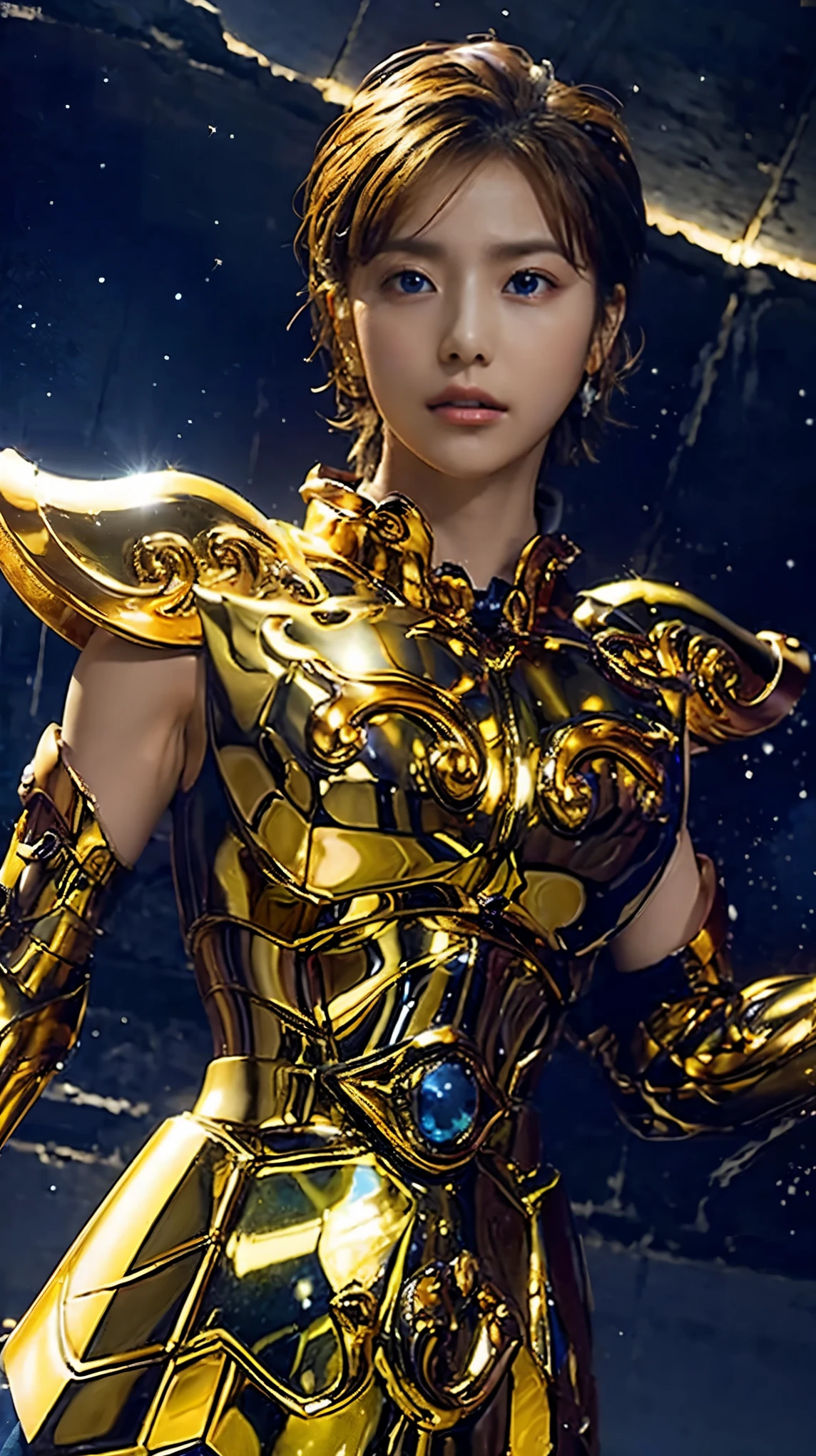 masterpiece, Please redeem, 超High resolution, Realistic skin texture, Armature, (Realistic:1.4), High resolution, RAW Photos, 1 girl, Shiny skin, (Detail Skin:1.2), Realistic skin texture, Best Writing, Wearing blue pants, (Perfect breasts:1.3), Shine, Golden Armor, (short hair:1.2), Wearing a golden lion helmet, Dramatic lighting, Dynamic pose, (Greek temple background:1.3), Night Sky, Universe, milky way,