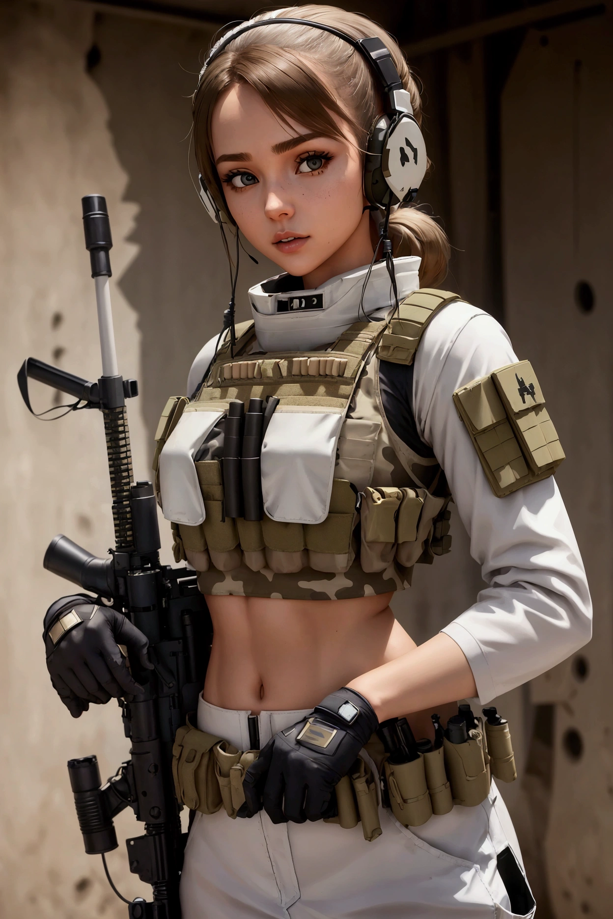 ((a woman in a white outfit holding a rifle and wearing headphones)), 2 woman,  soldier girl, mechanized soldier girl, military girl, beautiful female soldier, female lead character, ry girl, of a sniper girl in war, solo female character, future combat gear, close up half body shot, ((Women in crop top military bulletproof vest)), (showing navel), wearing tactical gear, dressed in tactical armor, (aiming rifle)