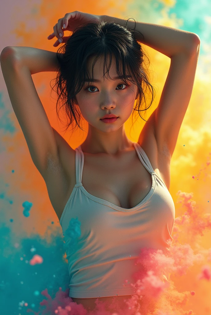 art,oil paint poster, abstract,, asian woman, 8k, Big butt, There is a large breast covering. Put your hands on your chest.