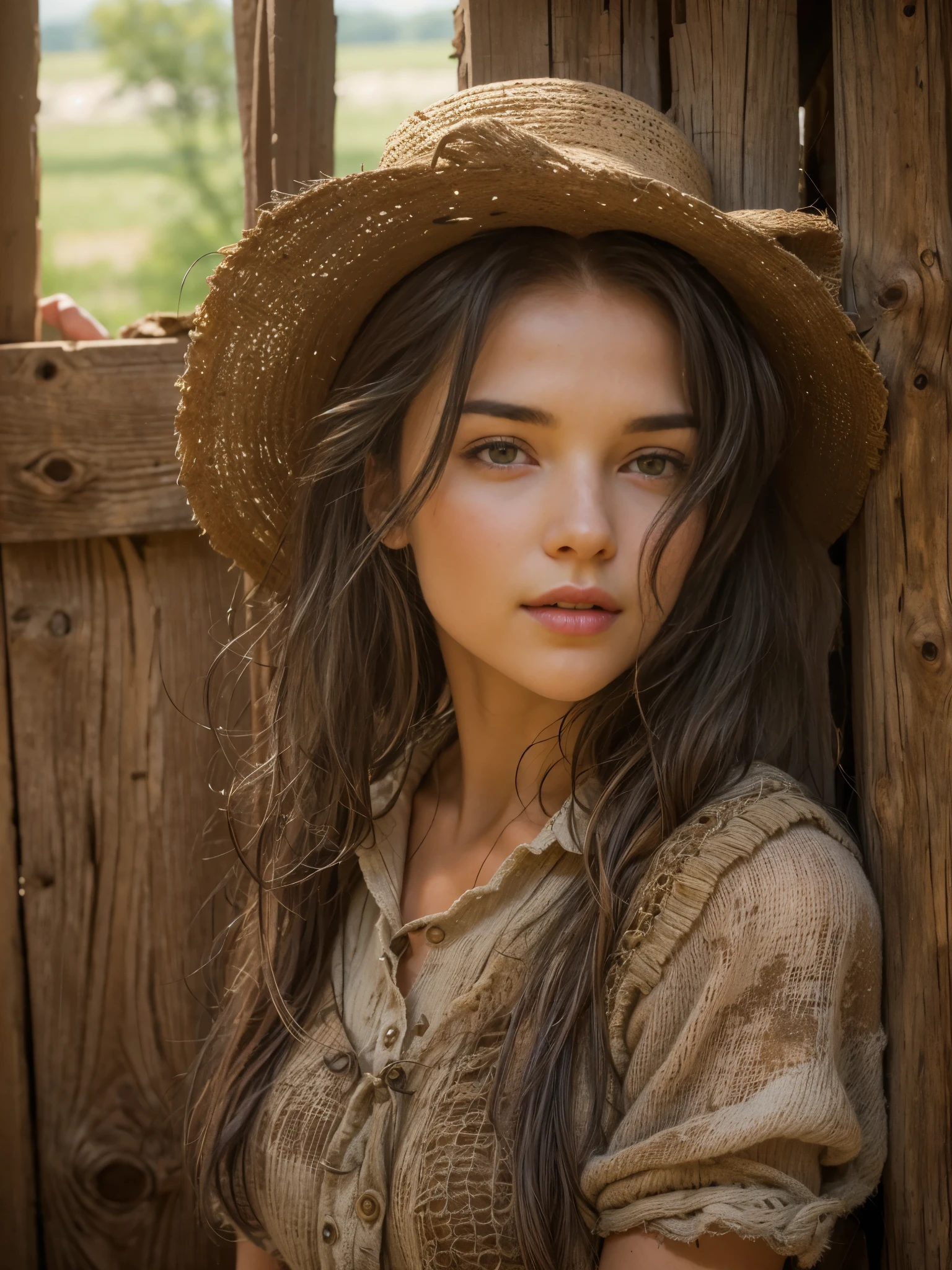 top quality, ​masterpiece, Ultra-High-Definition, (real: 1.4), Farm girl in the barn, rustic clothing, adorable, jenya.d