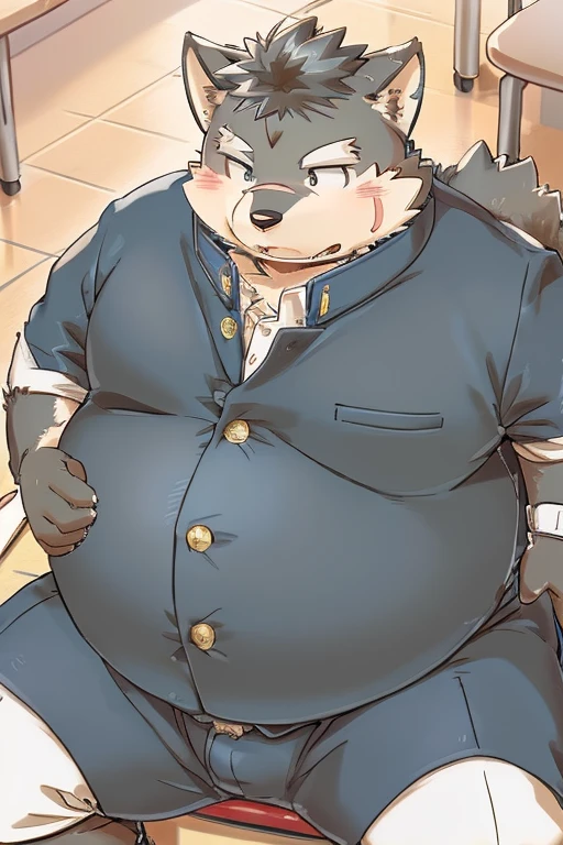 (Jiro Kishita、Moritaka)Weight gain、Being overweight、（（male））（（黒色のfur））、fur、Fluffy、cute、blush（（Wearing gakuran、Show your belly、I was stripped of my clothes））student、School、classroom、Desk and chair、Study、During class)