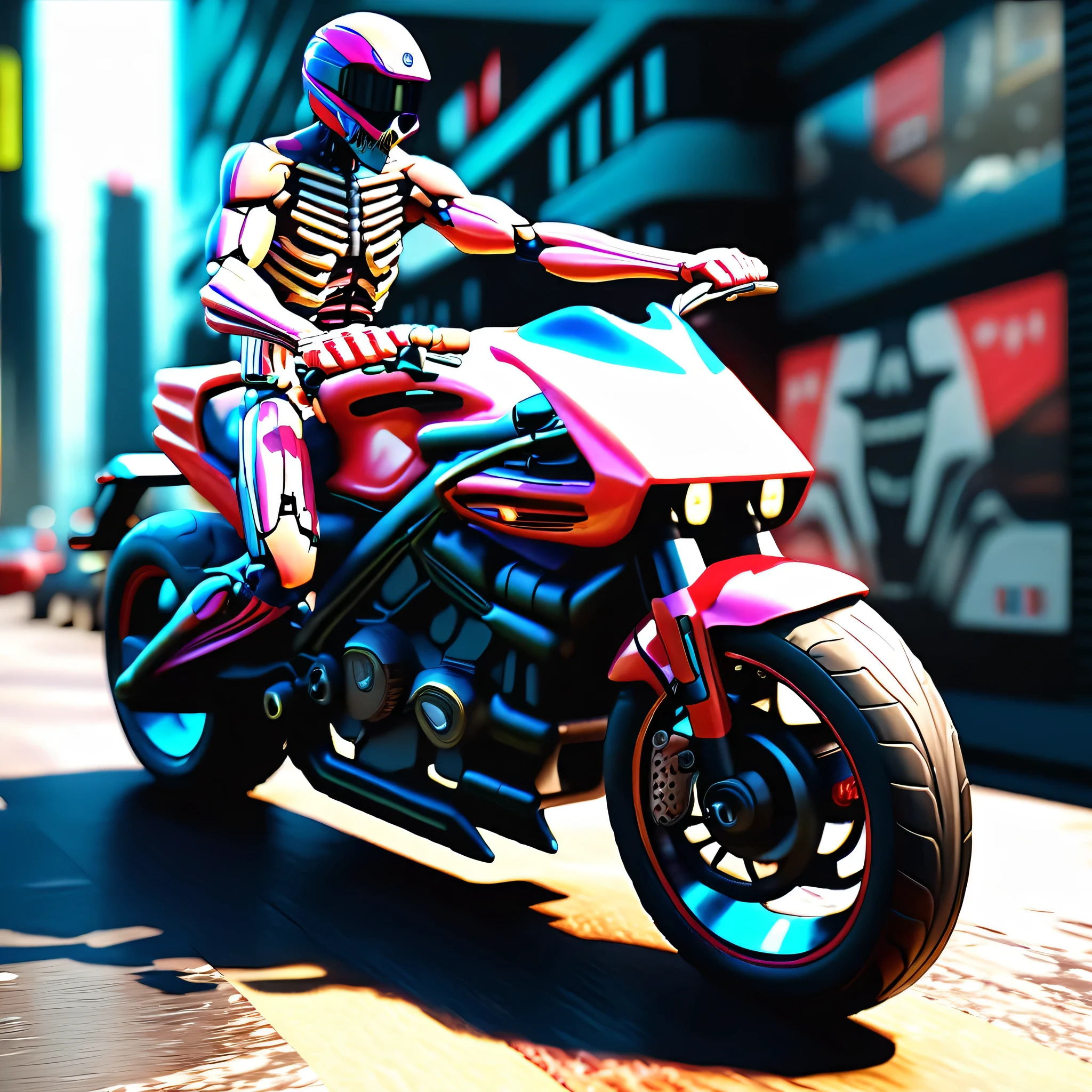 a skeleton biker riding a cyberpunk motorcycle,hyper realistic,3d,symmetrical,highly detailed,vivid colors,best quality,4k,masterpiece,ultra-detailed,photorealistic,physically-based rendering,extreme detail description,professional