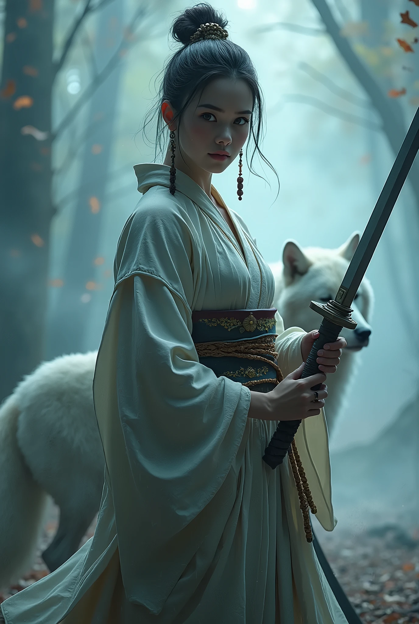 full body super angle shot,one beautiful asian woman,wearing a white very thin and shabby kimono,hair blowing in the wind,tatoo on body,hold white katana, with white wolf,perfectly proportional body,fallen leaves drop,forest background,dark night,big moon,very detail,detail on face,ultra HD,epicrealism,atmospheric impressionism,bokeh,film dramatic realism,pre-raphaelite realism,photography realism, soft focus realism --ar 36:61 --stylize 750 --v6, Midjourney style V6.