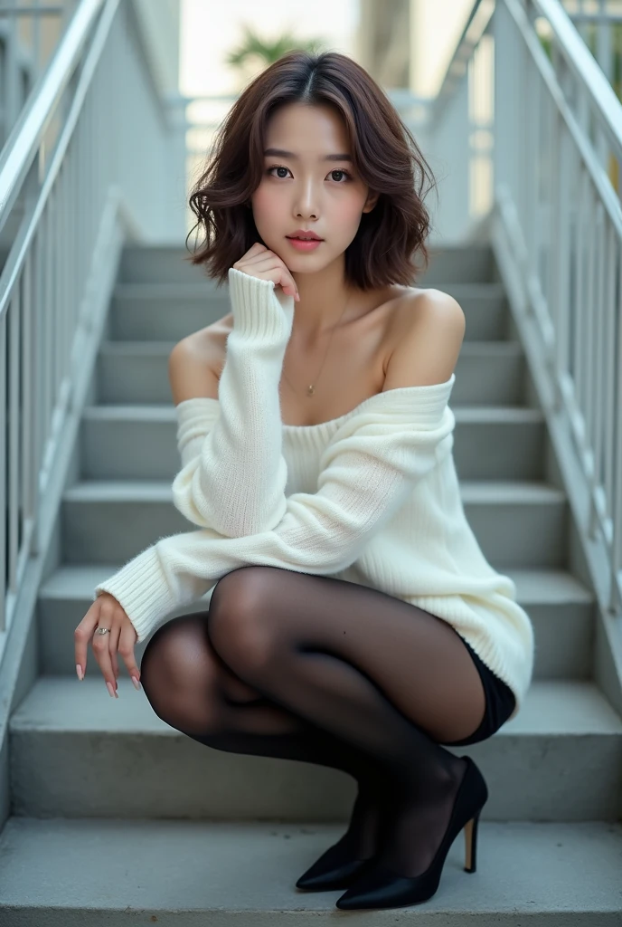 (closeup shot:1.4)、(Raw-Photo:1.2)、(Photorealcitic:1.4)、(masterpiece:1.3)、(Top Quality:1.4)、dream-like、(A detailed eye)、(Detailed facial features)、(detailed clothing features)、clear skin、(shinny skin)、(Slender and Beautiful Girl)、(Beautiful bridge lines)、one girls、(FULL BODYSHOT)、独奏、cute little、Happy smiling face、(tits huge)、beauty breast、bangss、Short bob、A dark-haired、black eyes、Long scarf、White wool sweater、off-the-shoulders、mini-skirt、Black thick pantyhose、Snow boots、I can see the panties、indecency、Erotic、