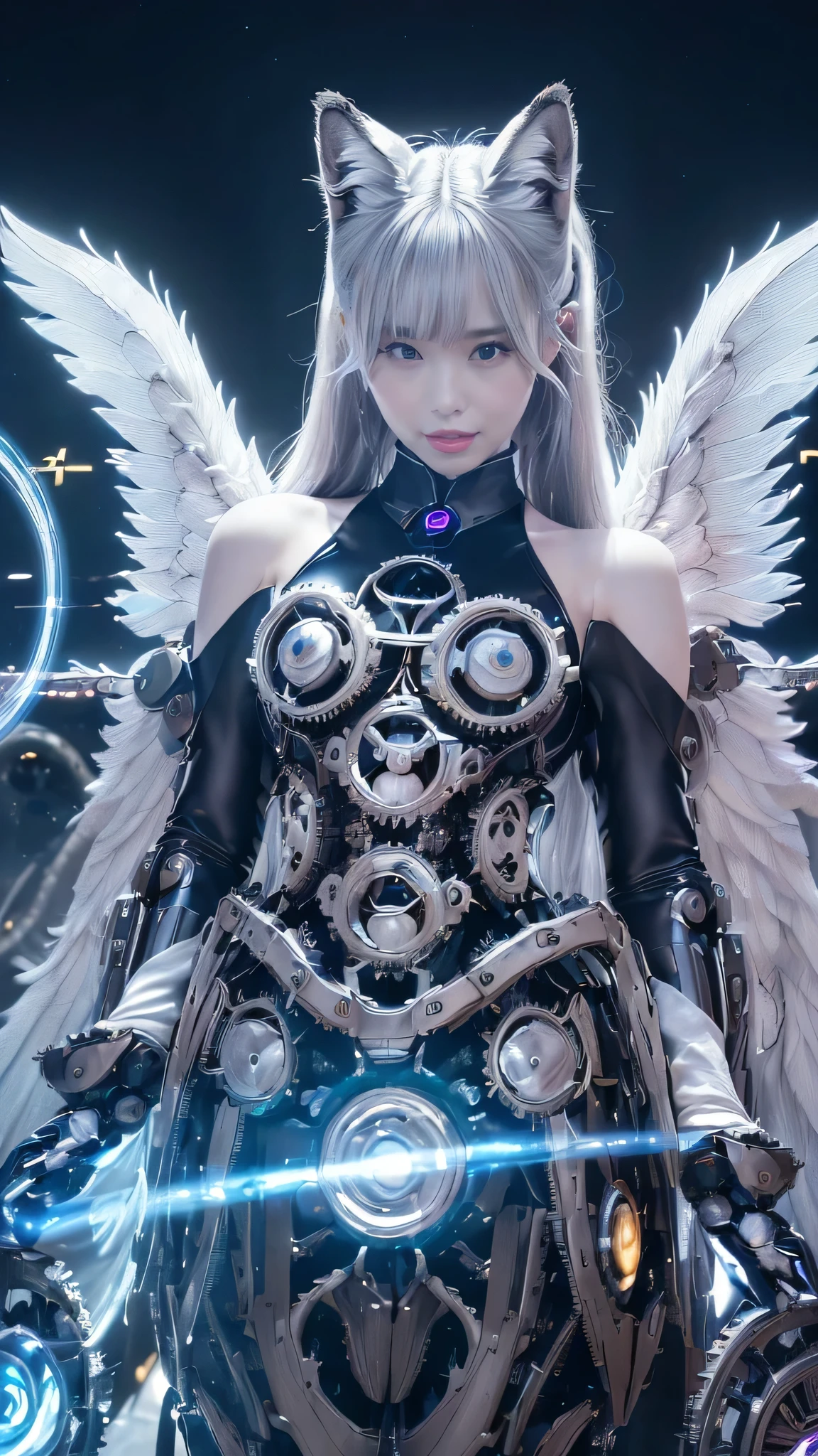 cyborg, girl, beautiful girl, cute, sexy, strong, thin, delicate, smile, (lolita costume), High leg, metallic, ultra color, paisley pattern, headgear, mandala, Near future, heaven, Angel, feather, wing, Helix lamp