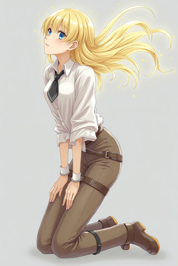 lots of style, shingeki no kyojin,, , Cristina Renz,, 1 girl, belt, belt hebilla, blonde, Blue eyes, brown shoes, brown pants, hebilla, chest belt, collared shirt, diamante (form), cabello flotante, sideways, full body, gray background, hair between the eyes, hands on thighs, long hair, long sleeves, looking forward, own hands together, pants, parted lips, shirt, shoes, session, Alone, Shine, Star (symbol), thigh strap, white shirt, , , ((masterpiece)), The best quality, , 