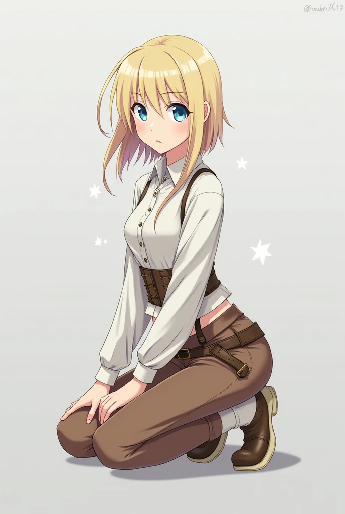 lots of style, shingeki no kyojin,, , Cristina Renz,, 1 girl, belt, belt hebilla, blonde, Blue eyes, brown shoes, brown pants, hebilla, chest belt, collared shirt, diamante (form), cabello flotante, sideways, full body, gray background, hair between the eyes, hands on thighs, long hair, long sleeves, looking forward, own hands together, pants, parted lips, shirt, shoes, session, Alone, Shine, Star (symbol), thigh strap, white shirt, , , ((masterpiece)), The best quality, , 