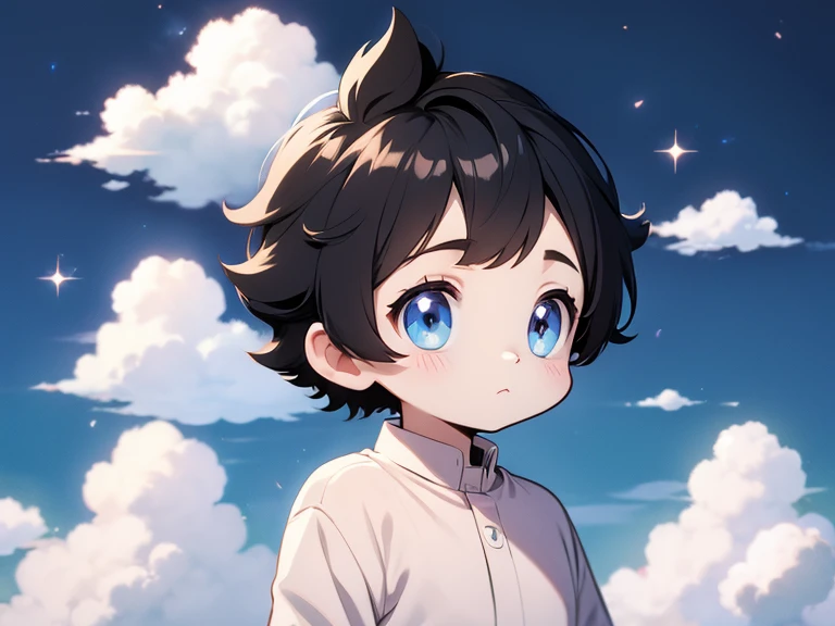 Cute astro boy black hair clouds background 