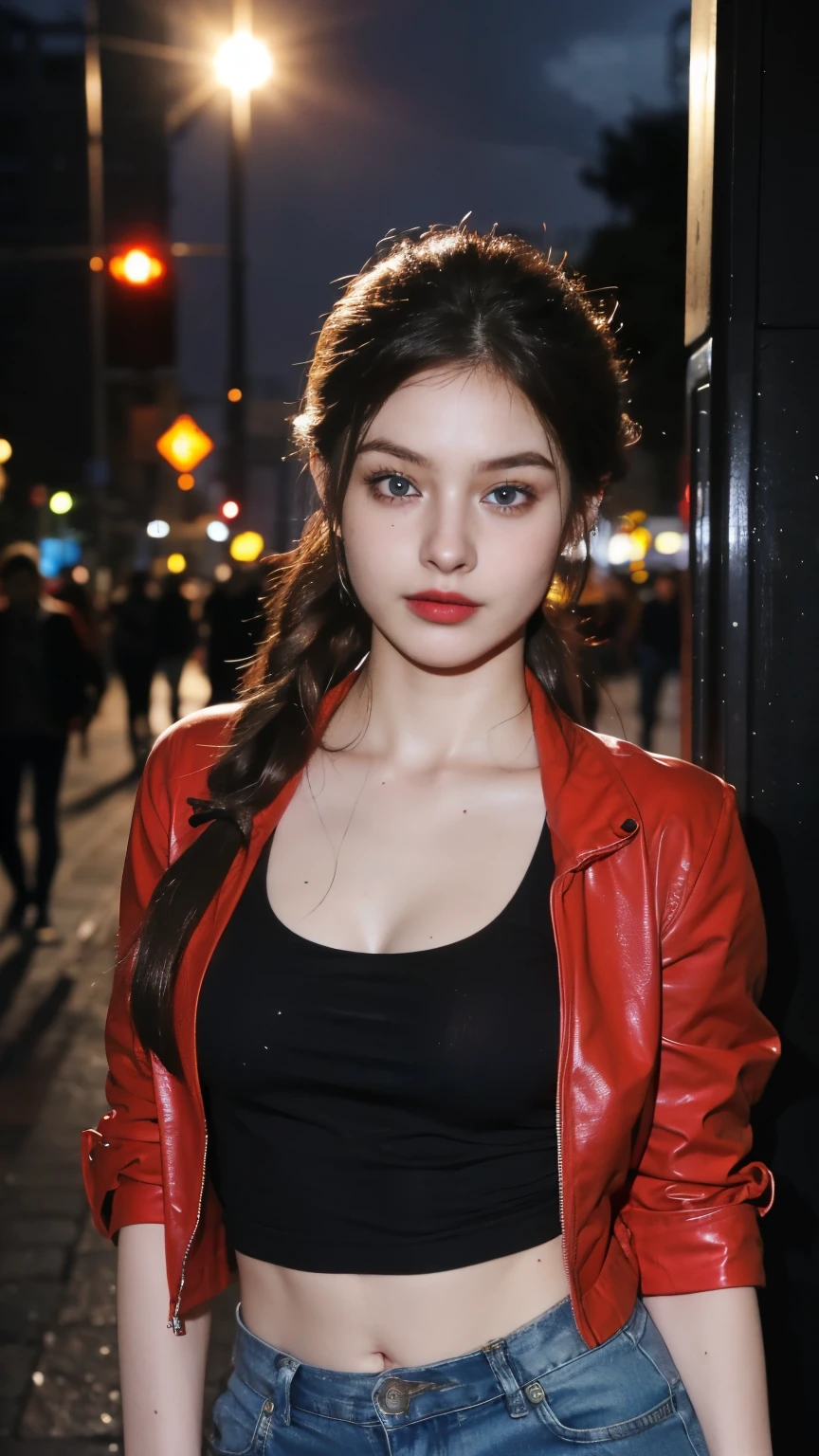 (Masterpiece, best quality, highres, ultra detailed), a young girl, 25 years old, long brown hair, pigtails, blue eyes, lying silkworm, medium breasts, crop tank top, open red jacket, black denim pants, ((perfect body, perfect anatomy)), naughty girl, seductive pose, wet body, in the night street city
