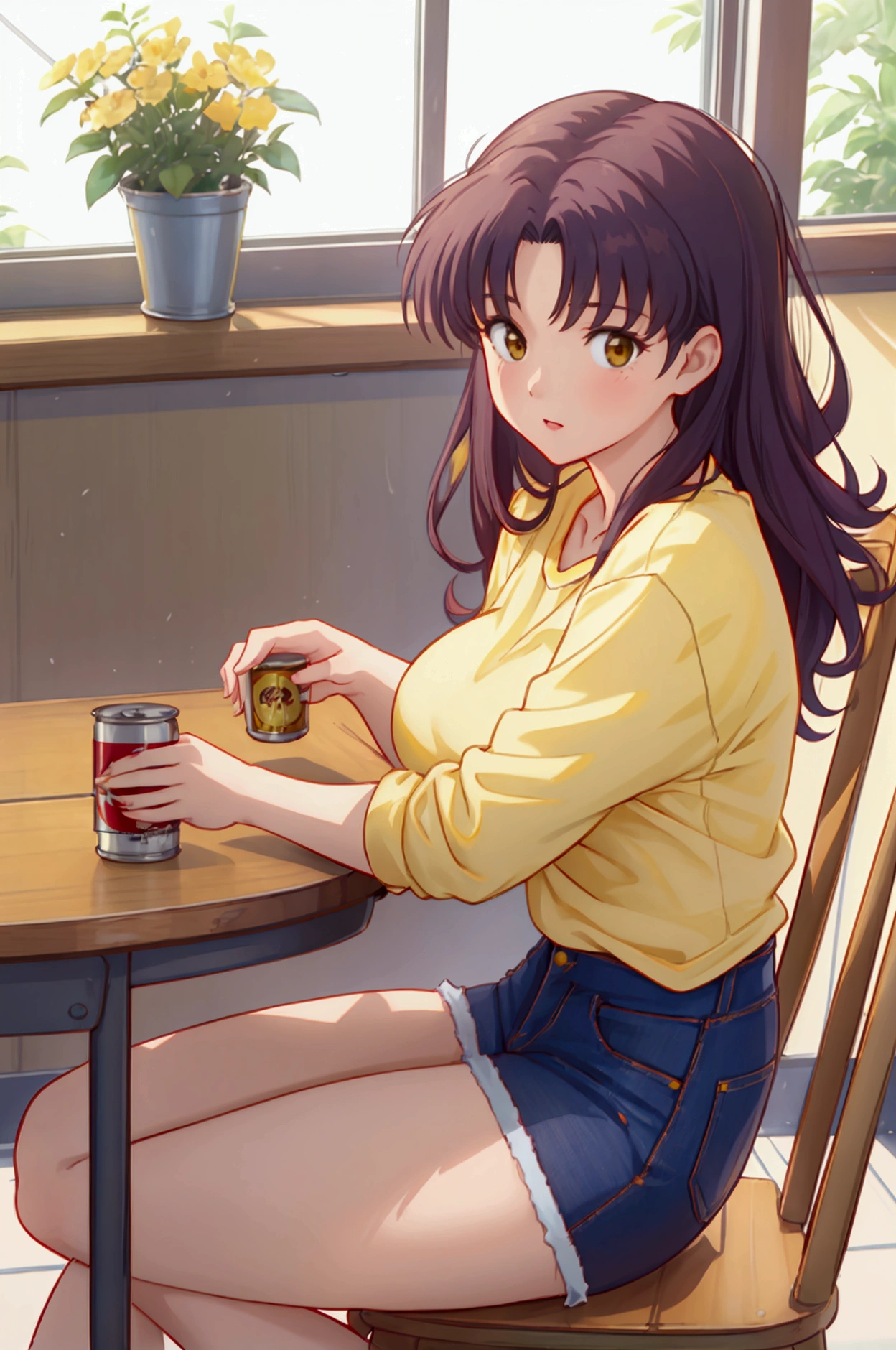 (masterpiece),(The best quality), Misato Katsuragi, brown eyes, collect, yellow t-shirt, denim miniskirt, on your knees, slightly thicker legs, White underwear is visible, table, chair, session, can, beer can, windows,