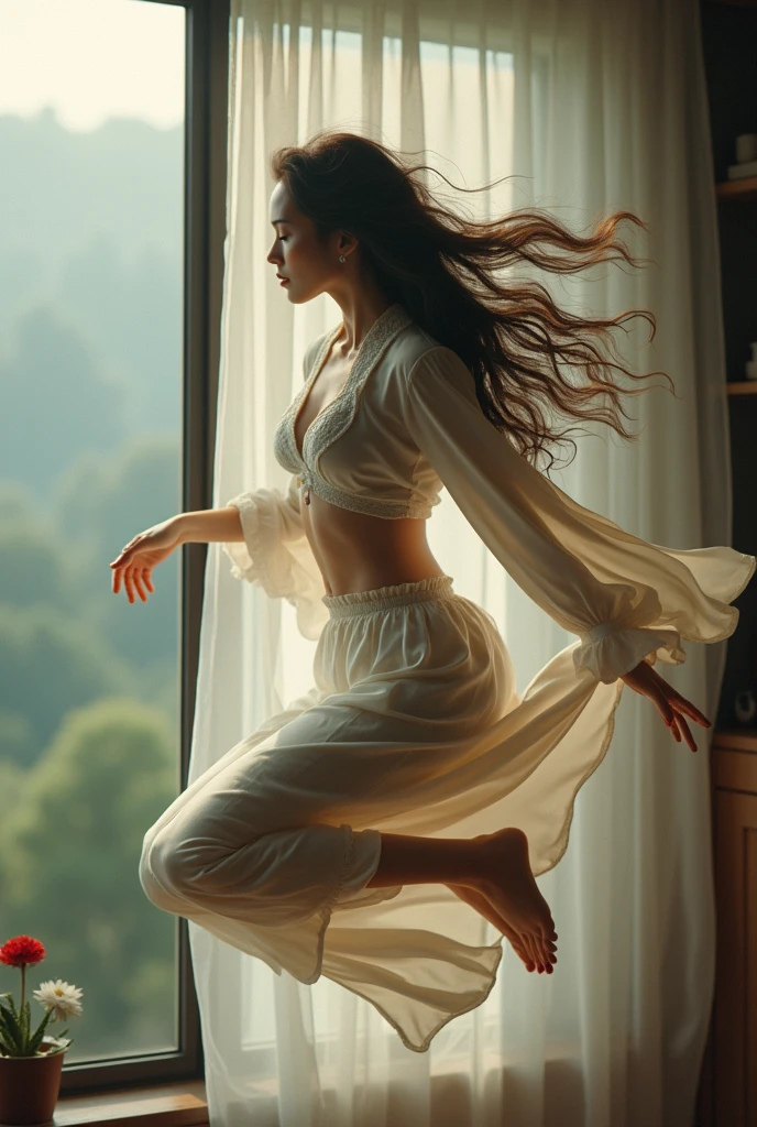 masterpiece、highest quality、cinema、23 years old、1 girl、elegant、black hair、warm、rooftop、see-through shirt、(back view:1.6)