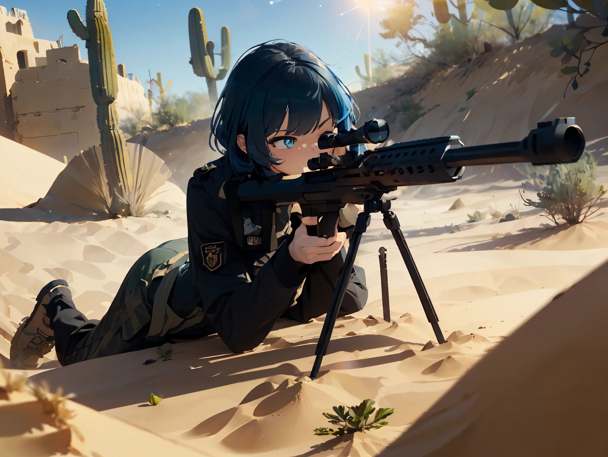 masterpiece, best quality, lineart, anime screencap, (1girl, solo:1.3), (prone, lying down:1.3), (blue hair, short hair, bangs:1.2), (blue eyes, bright pupils, detailed eyes:1.3), (focused, serious, one eye closed:1.2), (military uniform, military jacket, desert coat, military pants, camo uniform:1.3), (holding a sniper rifle, 50Caliber, sniper:1.4), (scenery, outdoors, desert, sand mounds, intricate desert background:1.4), (lens flare, warm lighting, bokeh:1.1),