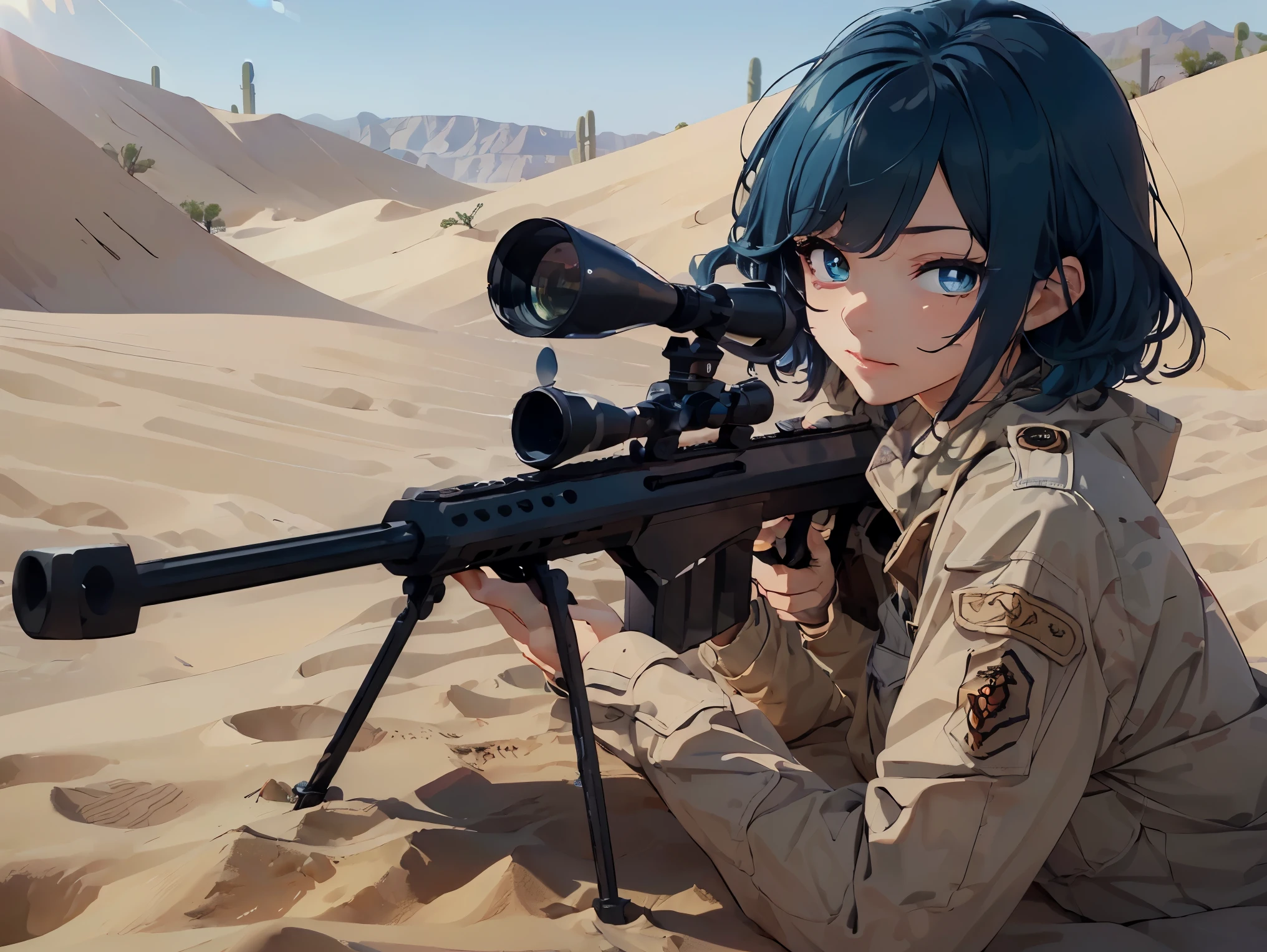 masterpiece, best quality, lineart, anime screencap, (1girl, solo:1.3), (prone, lying down:1.3), (blue hair, short hair, bangs:1.2), (blue eyes, bright pupils, detailed eyes:1.3), (focused, serious, one eye closed:1.2), (military uniform, military jacket, desert coat, military pants, camo uniform:1.3), (holding a sniper rifle, 50Caliber, sniper:1.4), (scenery, outdoors, desert, sand mounds, intricate desert background:1.4), (lens flare, warm lighting, bokeh:1.1),