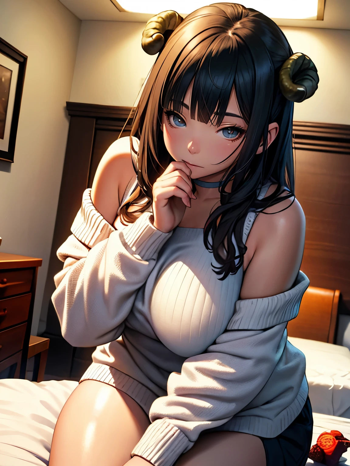 ((Seductive lady:1.3, solo:1.2))、((fusion of sheep and lady:1.5))、((sheep horn:1.3))、((cowboy shot:1.3))、((from below))、((at the bedroom:2))、((sitting on the bed:1.3))、 ((wariza:1.5))、((off-shoulder sweater:1.5))、((white sweater:1.5))、((breasts close-up))、((huge breasts:1.3))、((thick thighs))、Soft Shadow、((Glossy realistic skin texture:1.2))、((shiny skin:1.2))、art stations、perfect anatomy、masterpiece, absurdres, Top image quality, Smooth texture、Sharp Focus, watercolor