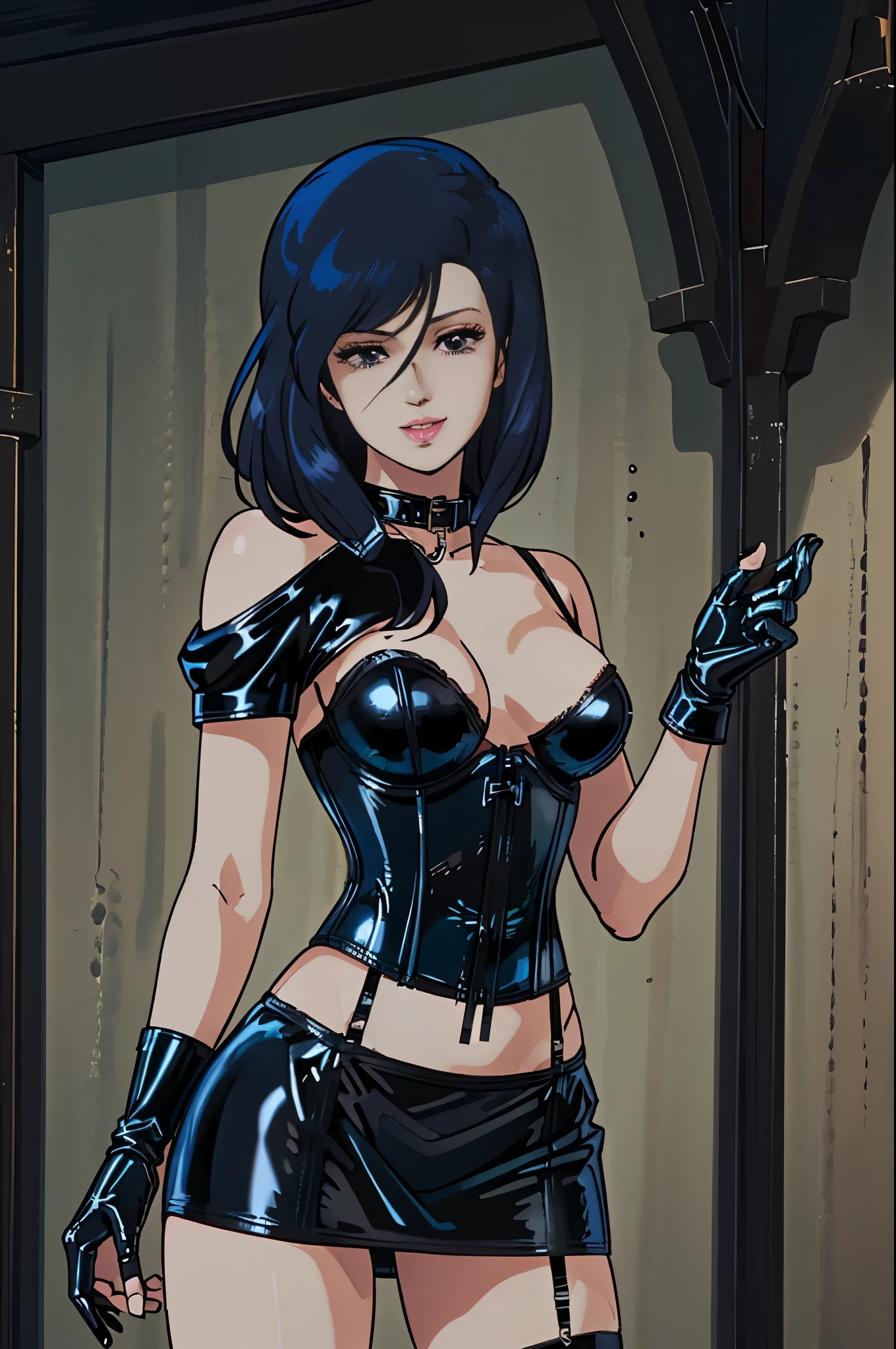 、Queen、spouse、One Girl、Alone、(((Long gloves covered in black latex all the way to the fingertips:1.4 )))、(((Black latex corset dress:1.4)))、(((The corset dress is decorated with beautiful lace.)))、(((Corset dress with shoulder straps)))、(((Black latex tight mini skirt:1.4)))、(((Black knee-high boots)))、Stiletto heels、(((Black latex panties)))、(((black latex bra)))、(((Black leather collar)))、(((Sexy pose)))、Leg spread、(((Erotic)))、(((Cowboy Shot)))、Saeko, One Girl, Alone, Upper Body, suit, Browse your viewers, smile, Perfect quality, Good quality, masterpiece, High resolution, 超High resolution、Cold Stare、Contempt