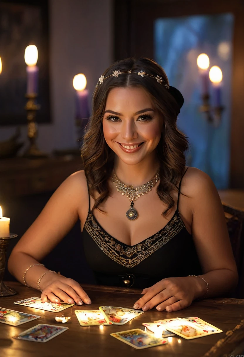 Superior quality, Masterpiece, Hi-Nothing, 1 topless woman, 35 years old, Norwegian, western style fortune teller costume, hair ornament, collar, jewelry, beautiful face, calm smile, upon_body, Tyndall effect, photorealistic, divination room, Candles on the table, Tarot cards, edge lighting, Two tone lighting, (High definition skin:1.2), 8k hd, DSLR, soft lighting, high quality, volumetric lighting, sincere, Photography, high resolution, 4k, 8k, bokeh