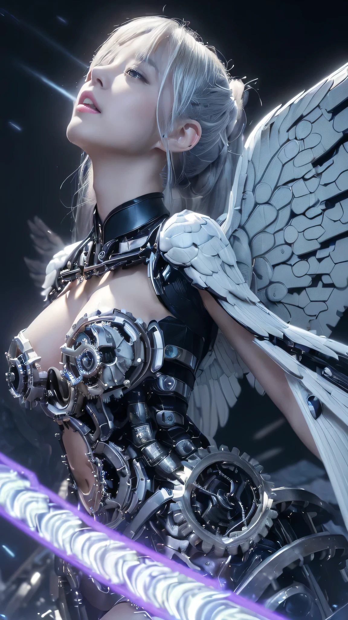 masterpiece, Beautiful and realistic character expression, Her hair is long, Her hair is a beautiful silver color, Beautiful as silk, Clear, Glowing dimly, Ominous Light, Fox-like ears, Hairstyle: ponytail, And bushy, Fluffy silver fox tail, Her white skin glows pale in the moonlight...., Weak mouth, look up, look up, (Please open your mouth wide:1.2), Eyes that plead, Surprised expression, Lower, ((Angle from the front:1.8)), (Perfect Orgasm:1.5), weak々funny face, hypnotism, brainwashing, Reflecting the Fall into Darkness. She has a generous chest, (It has two large mechanical gear-like wings.:2.0), ((Brainwashing head brace:1.8)), (The perfect combination of machine and body:1.9), (Combined with futuristic AI-controlled geared mechanical wings:2.0), (A perfect union:2.5), (Euphoric state:2.0), (Transform into a sex-only android:1.9), (((Start the super powerful and complete personality modification hypnotism process that will make you a sex addict:2.5))), (Please be careful when viewing:1.8), The wide neckline creates a flattering silhouette, Expose shoulders and chest, that&#39;Slightly greyish tint,Cursed,She has fans in Japan..............., Dancing darkly and elegantly, Ethereal elegance.Style teeth are realistic, Exquisite detail and realistic textures.