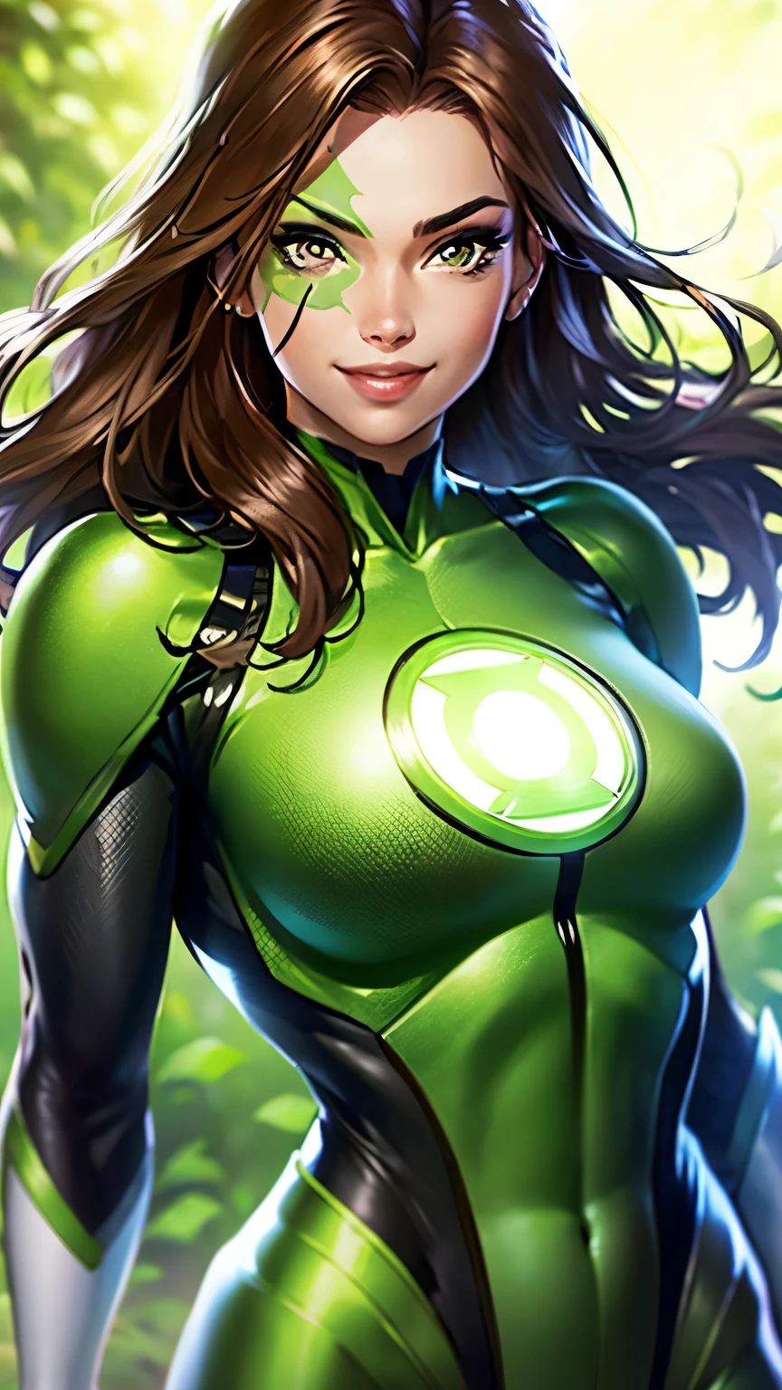 masterpiece, The best quality, 8k UHD, digital SLR camera, soft lighting, high quality, smile, upper body,  jessicacruc, 1 girl, bodysuit, Green Lantern, brown hair, bodysuit, green lantern symbol, face painting, upper body, shining, beautiful ,carisma 