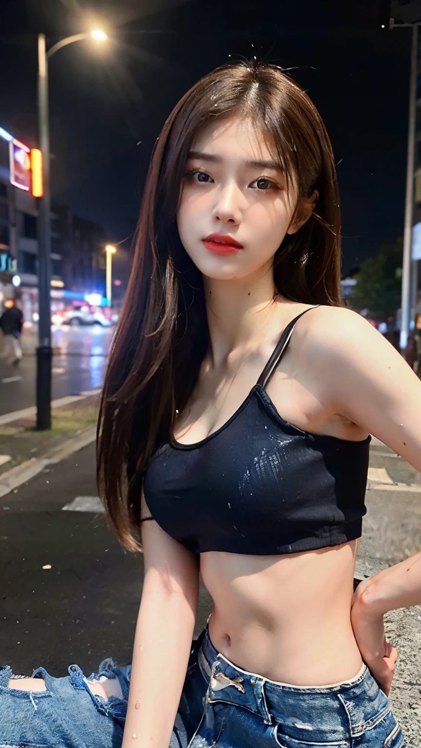 (Masterpiece, best quality, highres, ultra detailed), a young girl, 25 years old, long brown hair, thin face, blue eyes, lying silkworm, medium breasts, crop long sleeveless, black denim pants, ((perfect body, perfect anatomy)), naughty girl, seductive pose, wet body, in the night street city