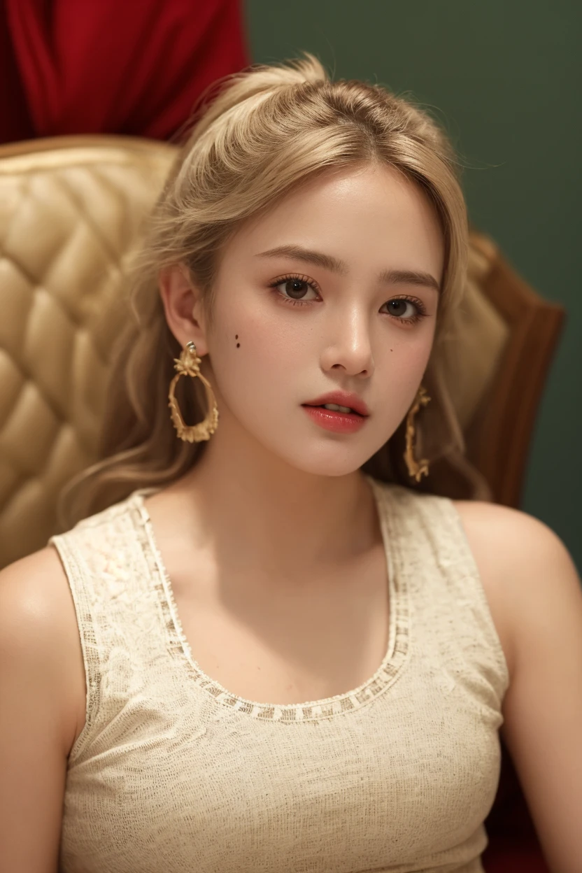 ((Top Quality, 8k, Masterpiece: 1.3)), solo, 1 girl, sexy, Beautiful girl with accentuated slender abs: 1.4, (Random hairstyle, flat breasts: 1.2), Ultra detailed face, detailed eyes, double eyelids,(body builder:1.8),(beautiful small hard nipple:1.4),(spread legs:1.2),(shiny skin:1.2),(muscle arm:1.3),(muscle leg:1.3),(blonde hair:1.2),necklace,(earrings:1.3),(curly bun hair:1.3),(showing both armpits:0.5), (on the bed: 1.3),(nude model:1.3),(tanned:1.2),(sexual pose with her girlfriend:1.8),(Tight micro dress white and gold color:1.5),(baby face:1.5)