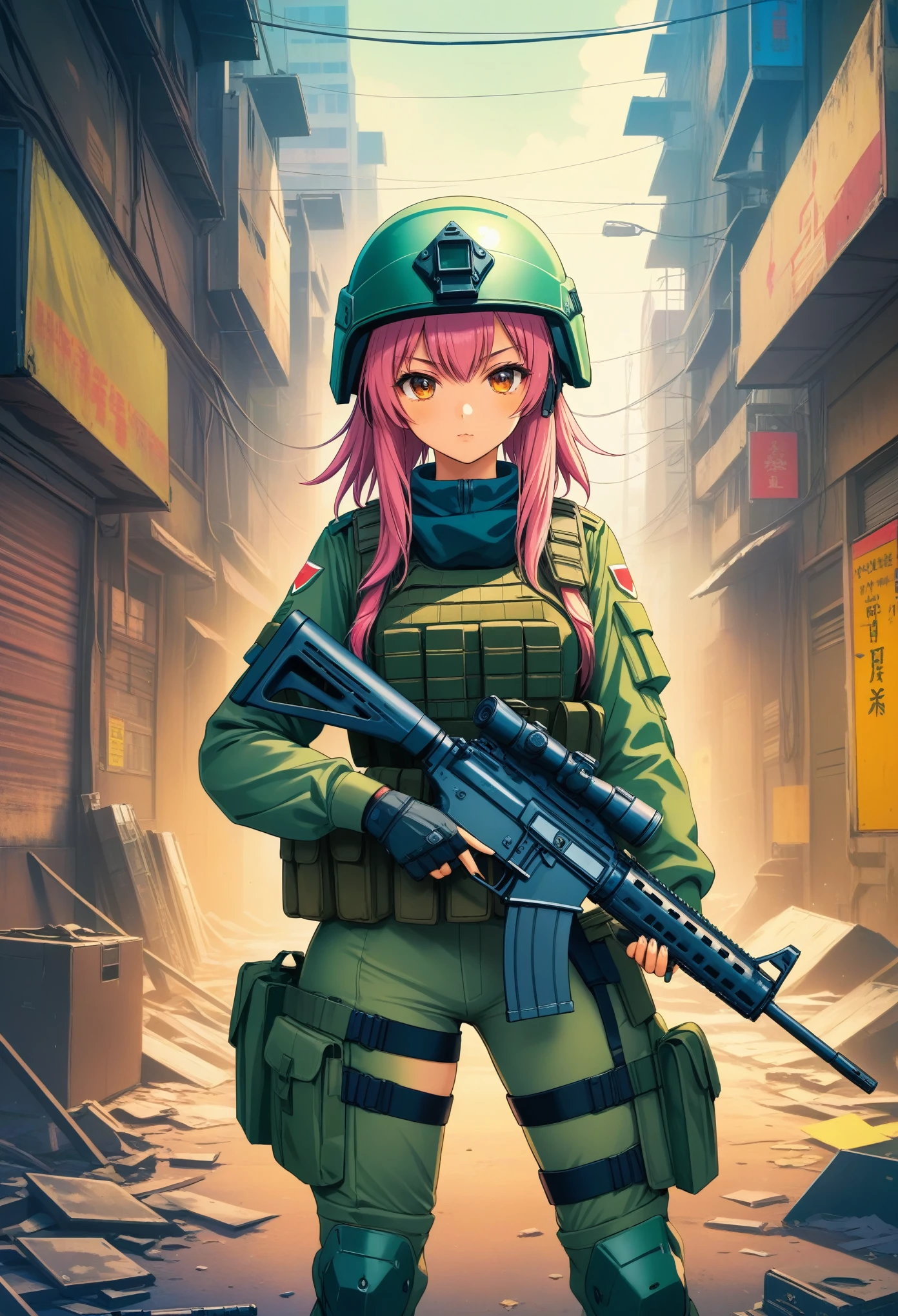 anime artwork masterpiece, best quality, HDR, soldier girl, , holding an assault rifle military armor, ratnik, kevlar helmet, cammo paint, (cyberpunk:0.8), gritty, dirty, clutter, film grain, . anime style, key visual, vibrant, studio anime, highly detailed