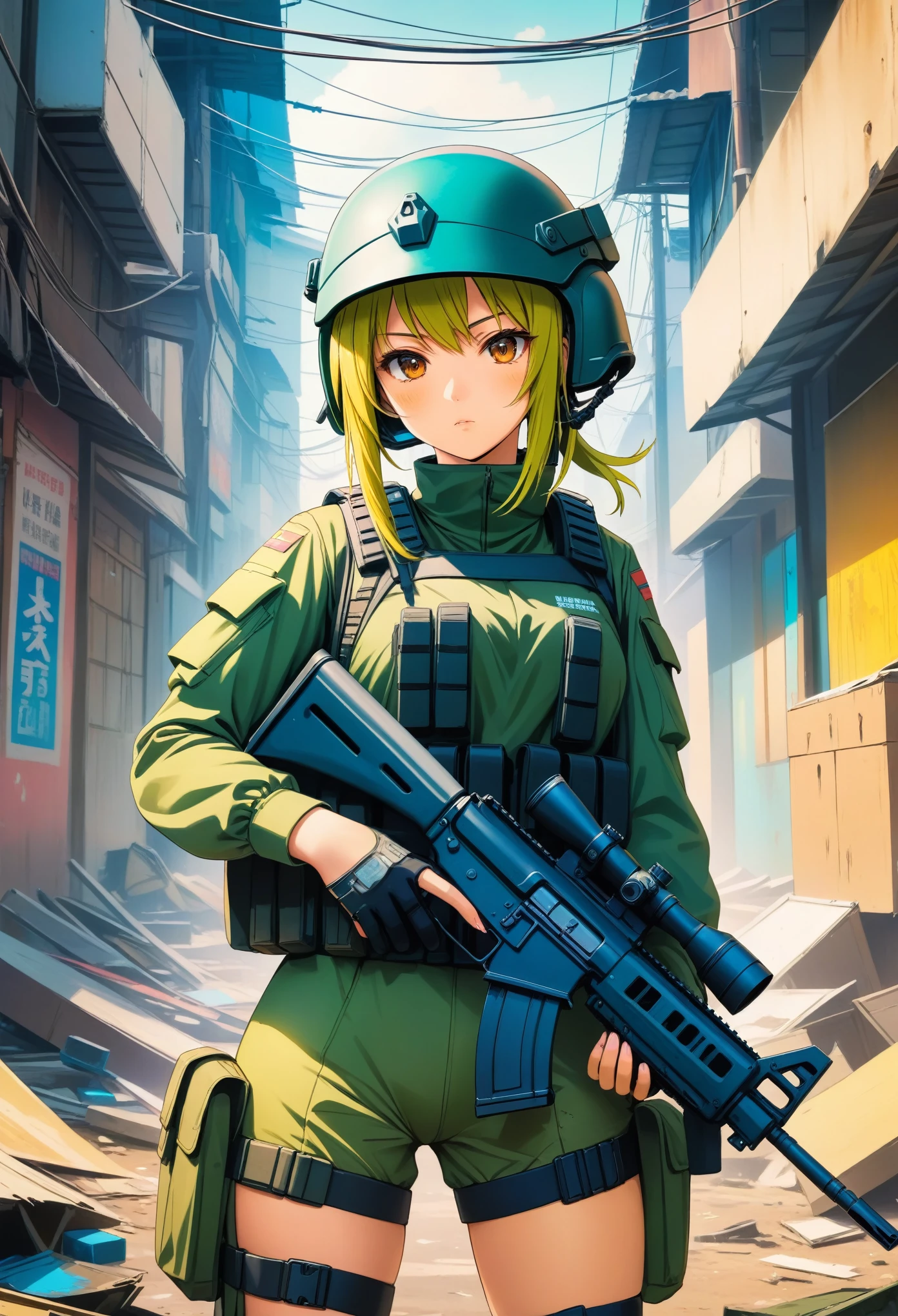 anime artwork masterpiece, best quality, HDR, soldier girl, , holding an assault rifle military armor, ratnik, kevlar helmet, cammo paint, (cyberpunk:0.8), gritty, dirty, clutter, film grain, . anime style, key visual, vibrant, studio anime, highly detailed