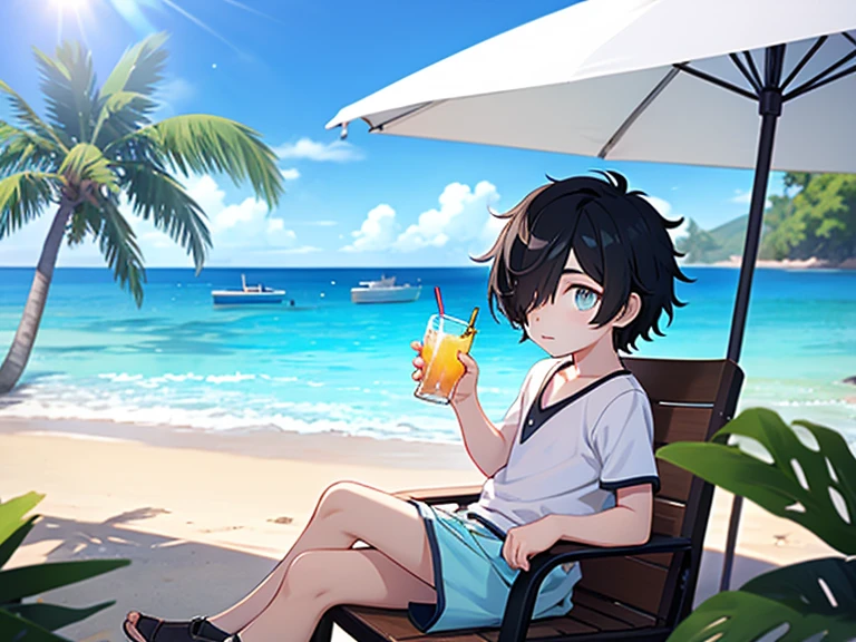 Cute shota boy, black hair covering one eye, swimming trunks, sitting on a beach chair, wearing sunshine, holding a high quality drink. 