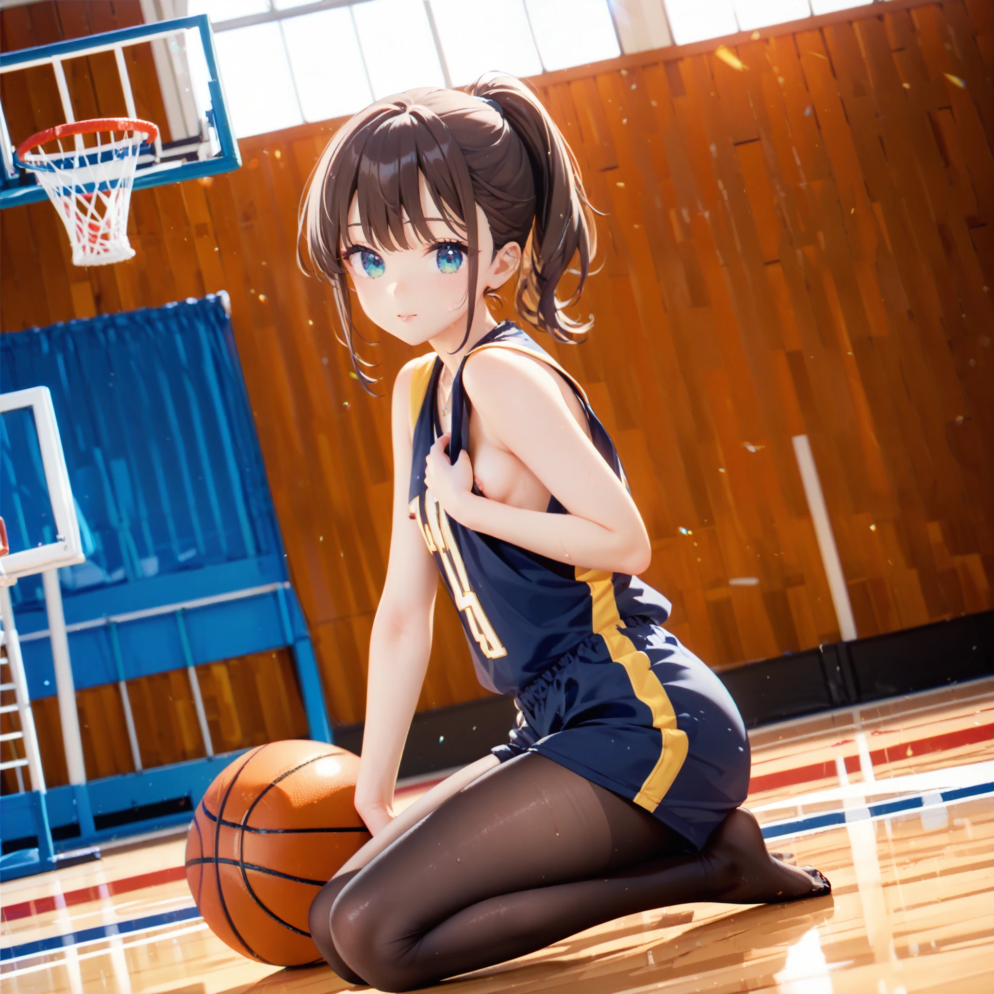 ((((small breast)))), (one girl one man), cute lori,small chest, beautiful cyan eyes, dark brown hair, ponytail, (((yellow and navy colored oversized basketball jersey))), side view, nipple slip, (((dynamic basketball movement))), full body view, high definition, masterpiece, Short haired teen girl, dark brown hair, ((ponytail hair)), beautiful cyan eyes, wearing a cute necklace, sweaty kneeling, ((((black waist-high pantyhose)))), side pov