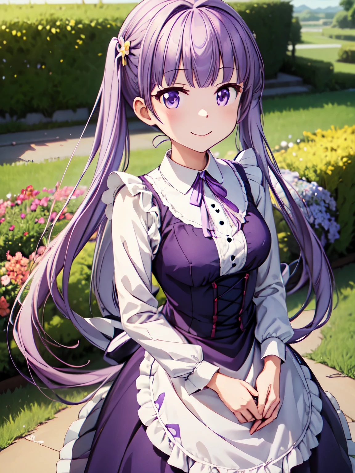 最High image quality, High image quality, High resolution, (Anime illustration style)、_suzukaze、Beautiful long purple hair、Very detailed、garden、stroll,　最High image quality、smile、running、4Ｋ，8Ｋ,(Genuine、Genuine志向、写真Genuine志向:1.5）、High resolution、超High resolution、Ultra High Definition Painting、whole body、Long skirt、Cowboy Shot、