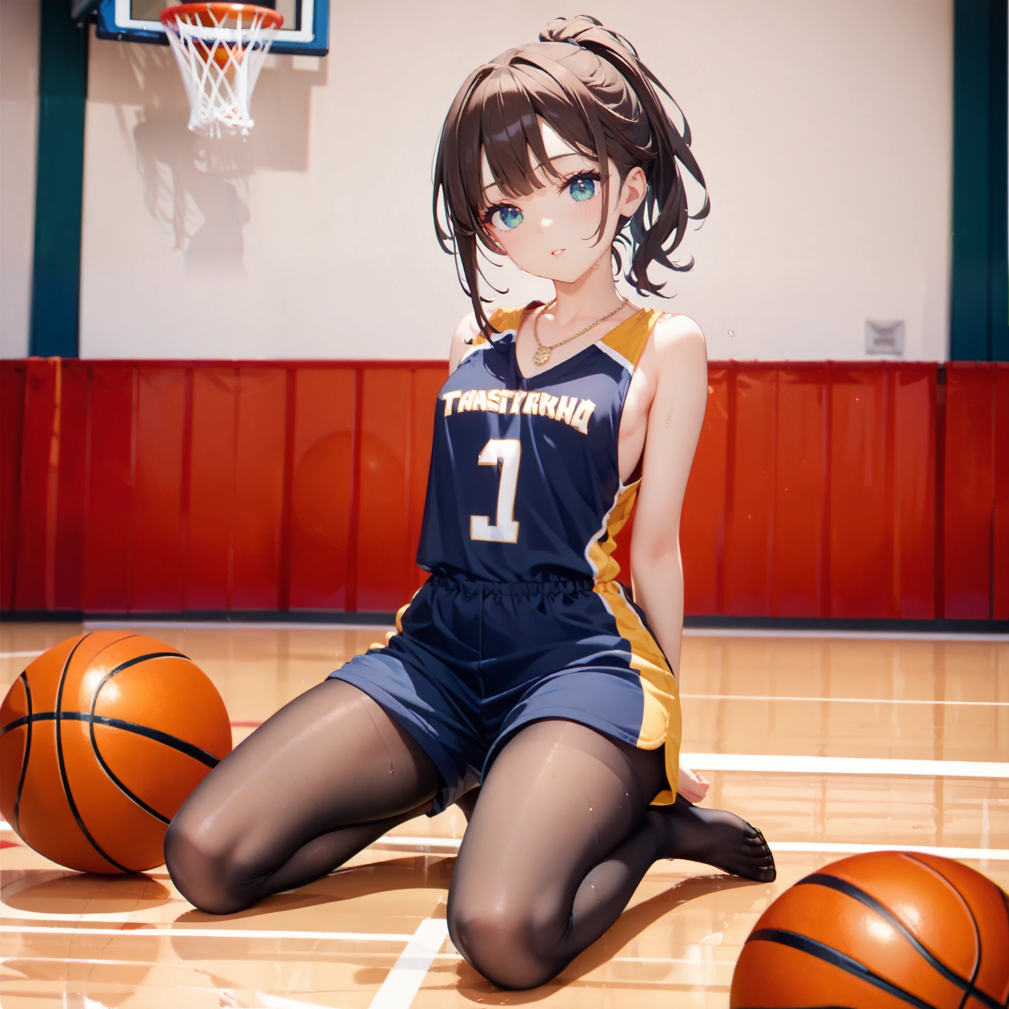 ((((small breast)))), (one girl one man), cute lori,small chest, beautiful cyan eyes, dark brown hair, ponytail, (((yellow and navy colored oversized basketball jersey))), side view, nipple slip, (((dynamic basketball movement))), full body view, high definition, masterpiece, Short haired teen girl, dark brown hair, ((ponytail hair)), beautiful cyan eyes, wearing a cute necklace, sweaty kneeling, ((((black waist-high pantyhose)))), side pov