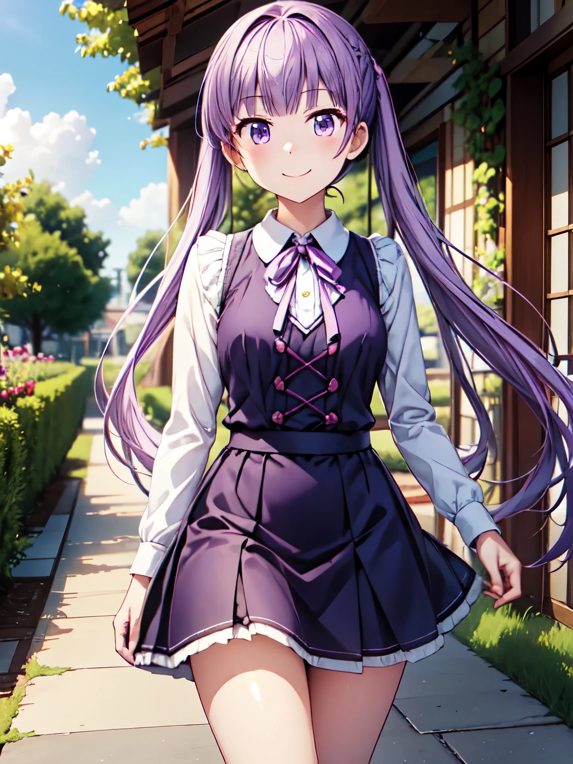 最High image quality, High image quality, High resolution, (Anime illustration style)、_suzukaze、Beautiful long purple hair、Very detailed、garden、stroll,　最High image quality、smile、(running:1.2),Flowing Background:1.2,、4Ｋ，8Ｋ,(Genuine、Genuine志向、写真Genuine志向:1.5）、High resolution、超High resolution、Ultra High Definition Painting、whole body、Long skirt、Cowboy Shot、