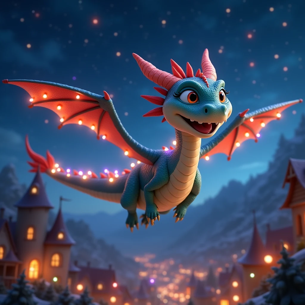 IMG_7291.CR2: (whimsical:1.3), (fotorrealistic, 8K, RAW photos, Premium quality, masterpiece, enchanting colors, dynamic pose, centered image), (foreground), ((A friendly dragon adorned with colorful fairy lights, gliding gracefully across a starry sky, showcasing its cheerful expression)), (magical nighttime panorama:1.3), (high resolution, masterpiece:1.2), ultra-detailed, sharp focus, (realistic, photorealistic:1.37), intricate details, detailed scales, expressive eyes, whimsical atmosphere, bright lighting, ambient lighting, twinkling stars, vibrant colors, deep contrast, cinematic depth of field, film composition, cinematic camera angle.

Scene Description: The scene captures a friendly dragon gliding smoothly through a starry night sky, adorned with vibrant fairy lights that twinkle like stars. The dragon’s joyful expression conveys a sense of wonder and magic as it gracefully passes over a sleepy town below, its wings spread wide.

Lighting: The fairy lights illuminate the dragon, casting a soft, warm glow that contrasts beautifully with the deep blues and blacks of the night sky. The stars twinkle in the background, enhancing the magical ambiance. The overall lighting creates a serene yet enchanting atmosphere, inviting viewers into a world of fantasy.

Colors: The color palette is rich and diverse, featuring the shimmering glow of the fairy lights in various colors against the dark sky. The dragon’s scales are detailed and colorful, reflecting the light and adding to its friendly appearance. The town below is softly lit, with warm lights peeking through windows, creating a cozy contrast to the vibrant dragon above.

Shadows and Contours: Soft shadows are cast by the dragon, accentuating its form against the starry backdrop. The contours of its body are highlighted by the ambient glow of the fairy lights, enhancing the sense of movement and grace.

Perspective and Focus: Shot from a cinematic angle, the focus is on the dragon in the foreground, capturing its