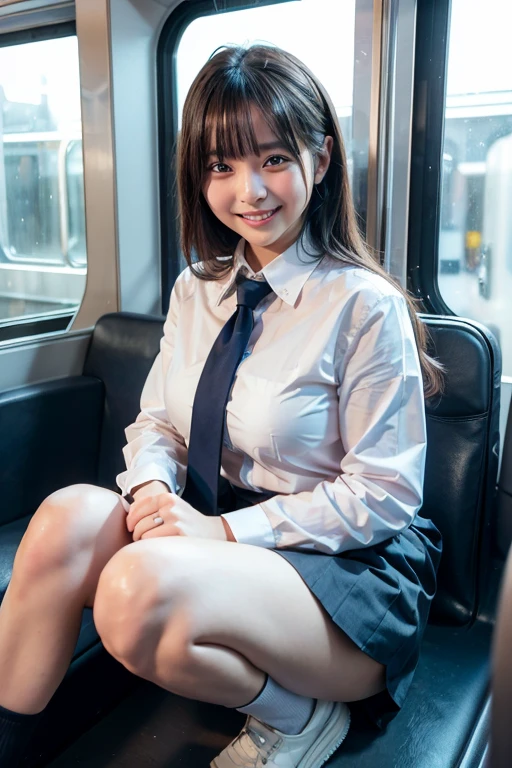 Please redeem, masterpiece, Ultra-high resolution, (reality: 1.4), Original photo, One Girl, Mature, White JK uniform, Happy smile, , Squatting on a train seat,  Cinema Lighting