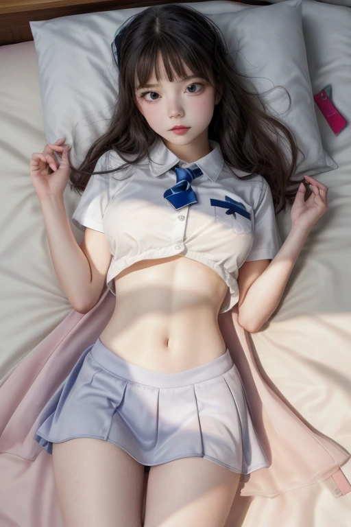  A girl with ，big breasts ，Elementary school students，beautiful，cute，muy transparent，( school uniform, transparent|1，showing her belly，bedroom，Lying in bed，open legs，view from right side 