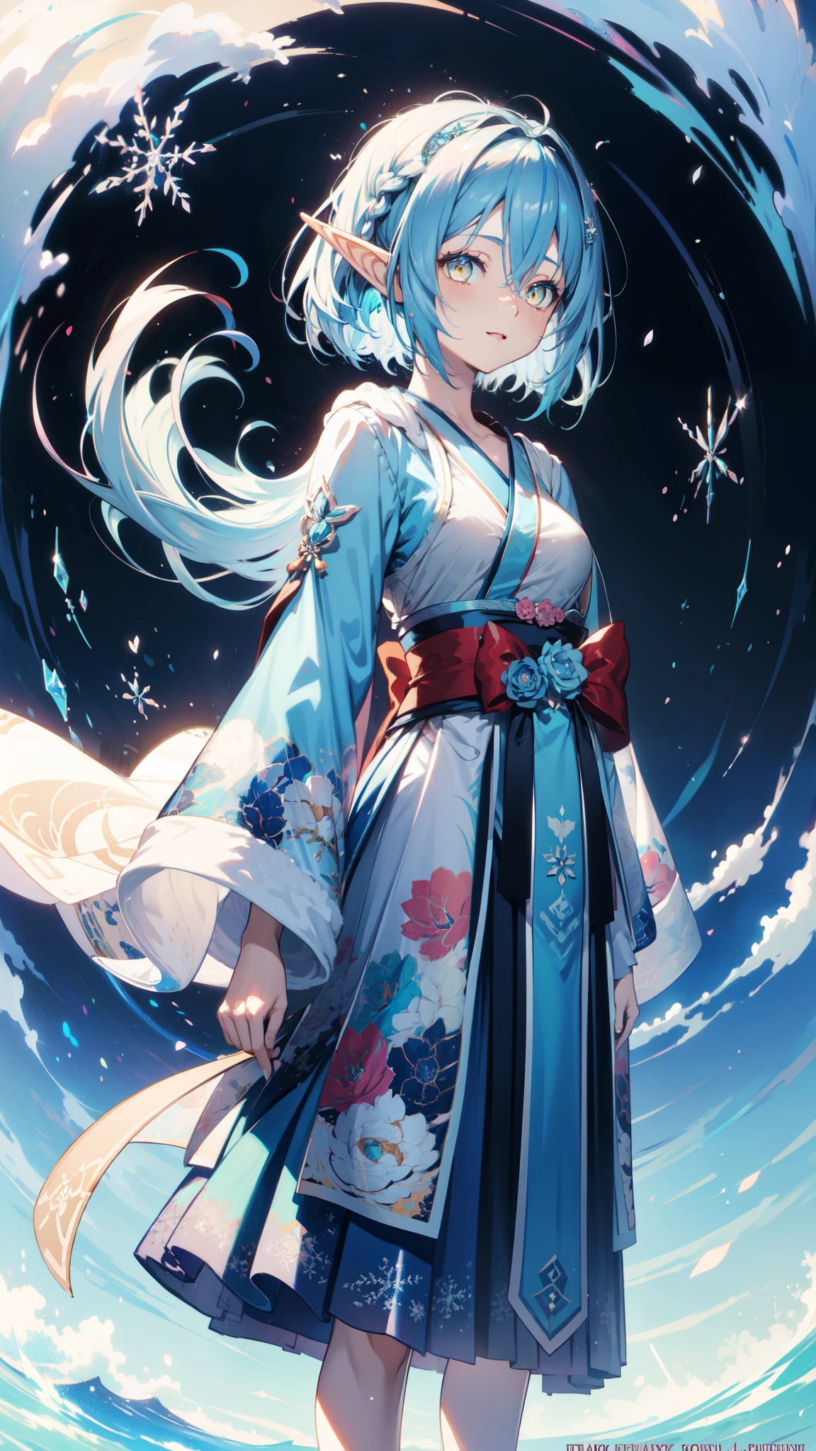 Anime Girl, Fantasy illustration, Flowing hair，Blue Japanese long skirt，Transparent clothes， Beautiful young elf, Dark blue hair，Medium to short hair，Double braid，Hair accessories，Happy，Beautiful fantasy anime, 闪亮Flowing hair, Ethereal Anime, Beautiful anime illustrations, Beautiful digital artwork, Anime Fantasy Artwork，Snowflake Solitaire