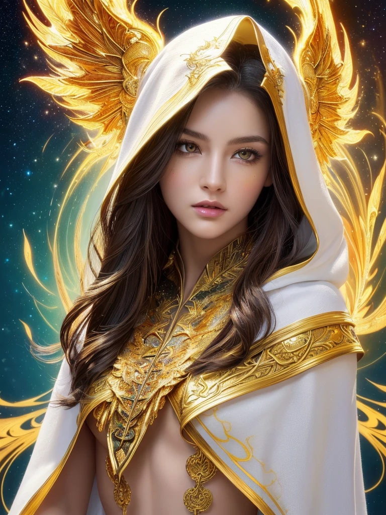 (masutepiece, of the highest quality, Best Quality, Official art, Beautiful and aesthetic:1.2), (1girl in), extremely detailed eye, (Fractal Art:1.3), Colorful, highest details, (Perfect face), Shiny skin, nffsw, (White cloak golden lines:1.2), Galaxy, (light streaks), striking visuals, (Dynamic streaks, luminous trails:1.2), Vibrant colors, (phoenix), (shenron)