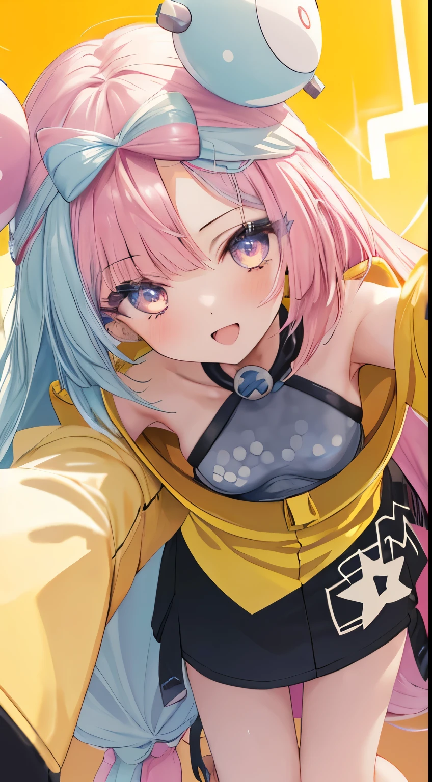 Very close, Get closer, all fours, 動画delivery, Selfie, delivery, Selphy, , Firm breasts, (Flat Chest), Beautiful ruby eyes, to close range, Masterpiece, Long Hair, Beautiful painting touches, Detailed Description, ((((Wink)))), ((迫力のあるNanjamo)), Detailed face and eye depictions, smile, nsfw, Beautiful Eyes, Perfect Anatomy, Detailed background depiction, 1girl, Jonah, pokemon_Jonah, Nanjamo, Round hair ornament, Sideboob, Yellow jacket, Baggy jacket, Long Hair, Small breasts, , Concert Venuesの背景, night, ((Top view)), Concert Venues, Spotlight, Yellow electric guitar, Playing electric guitar, Thunder, Electric shock, There is a large audience, Open your mouth, Sing a song, Vibrant hair