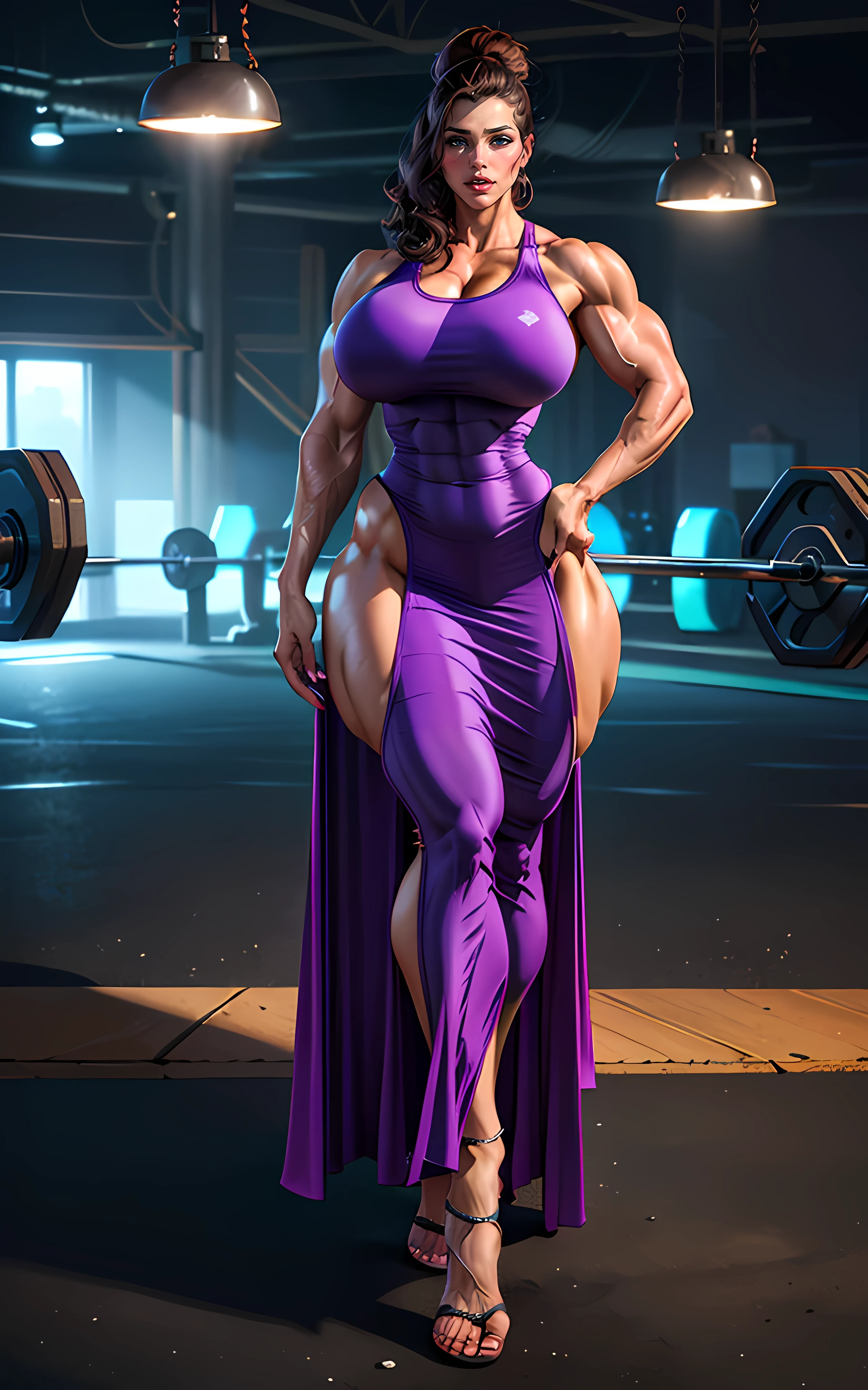 masterpiece, best quality, volumetric lighting, realistic, 1girl, full body of beautiful megara, ((wide hips)), (((MASSIVE FEMALE BODYBUILDER))), (((HUGE BREASTS))), (thick legs and calves), bare shoulders, erotic transparent long purple dress, looking at the side