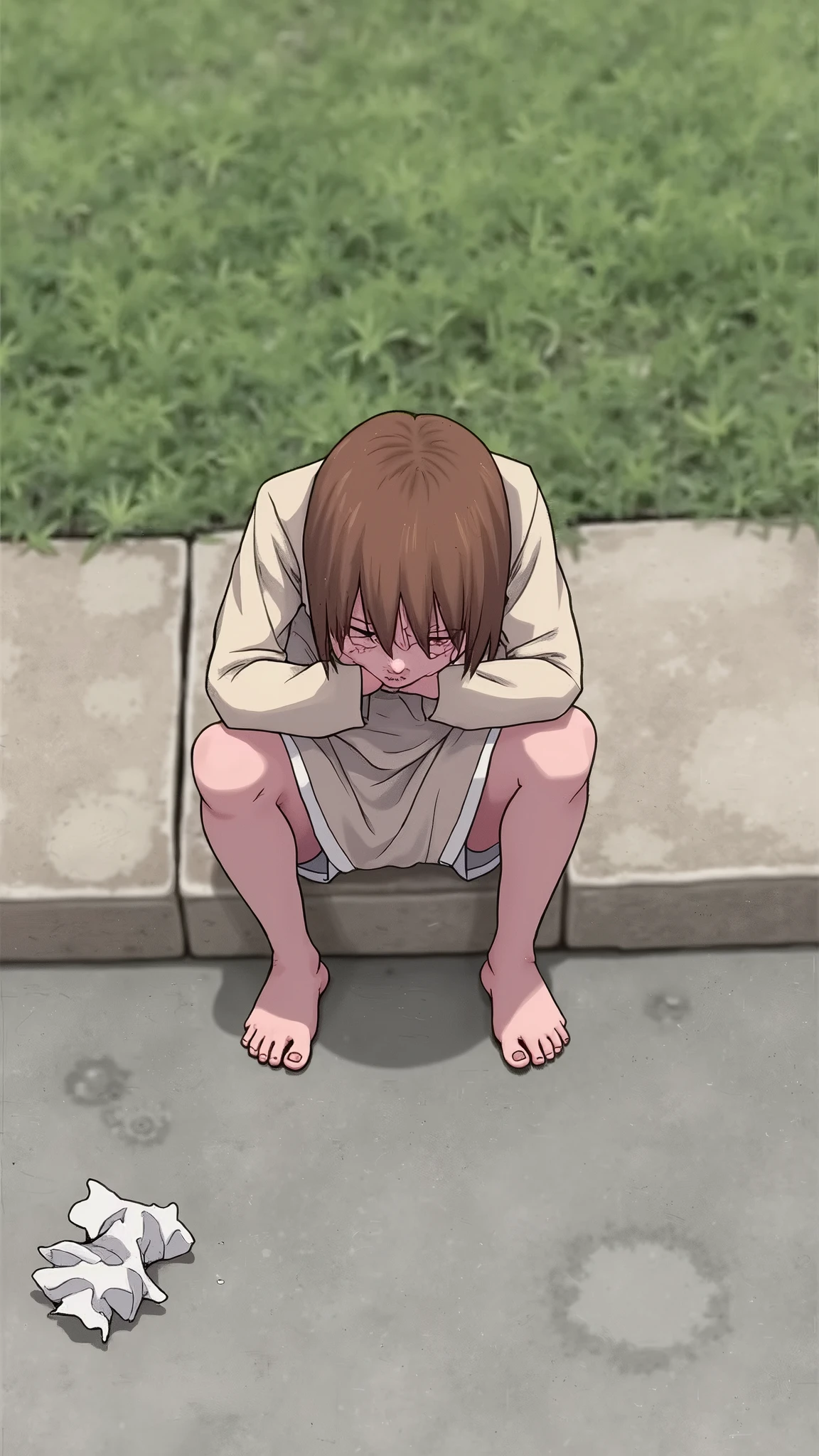 A girl squatting urinating,embarrassed, dirty alley,(( correct anatomy)),hands on knees, masterpiece, sideways,((PERSPECTIVE down top )),urinating,urinating,,buttocks,cameltoe