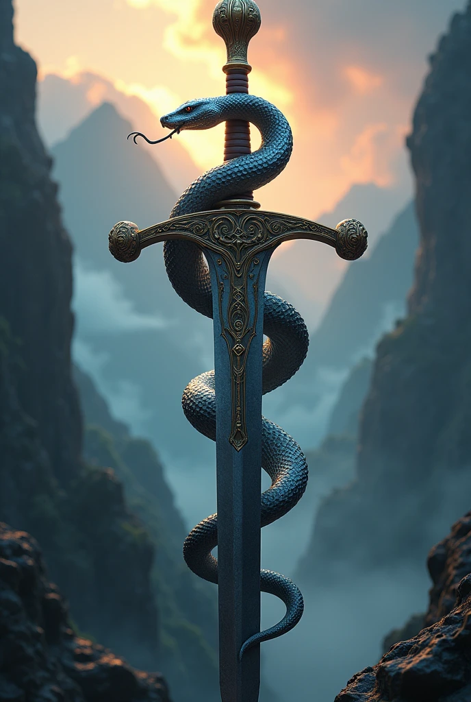 Powerful floating sword wrapping around it is a big wise feminine dragon both together emits an aura of power and protection