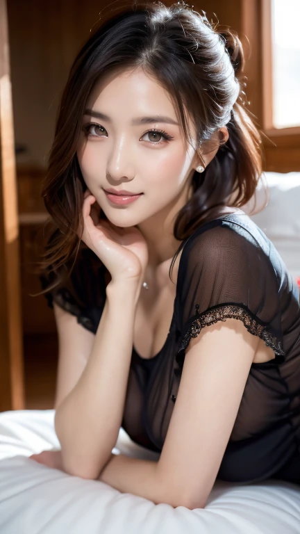 ((masterpiece))、((top-quality))、a picture、Realisticity、high-level image quality、ultra-detailliert、married woman、age 40s、Delicate facial features、Hair that grows to the shoulders、Realistic backgrounds and accessories、large full breasts、Sexy smile、Bedroom and night view of the hotel、Loose sheer black mesh sweater、Stand on the edge of the window、Table light only、((darkened room))、((Indirect lighting only))、shadings、deepshadow、Professional Lighting、